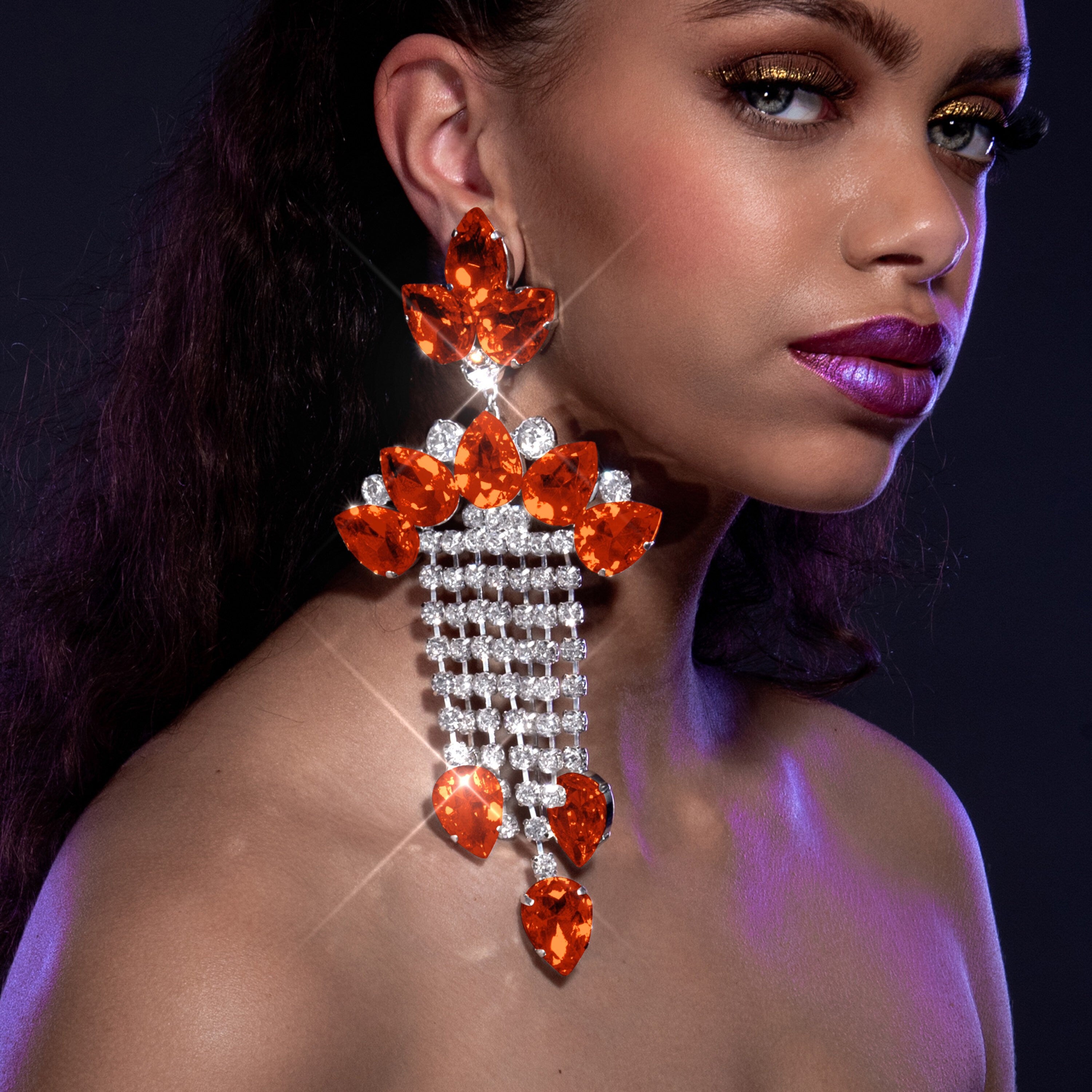 XL Fireopal Orange Statement Drop Earrings With Austrian Crystal