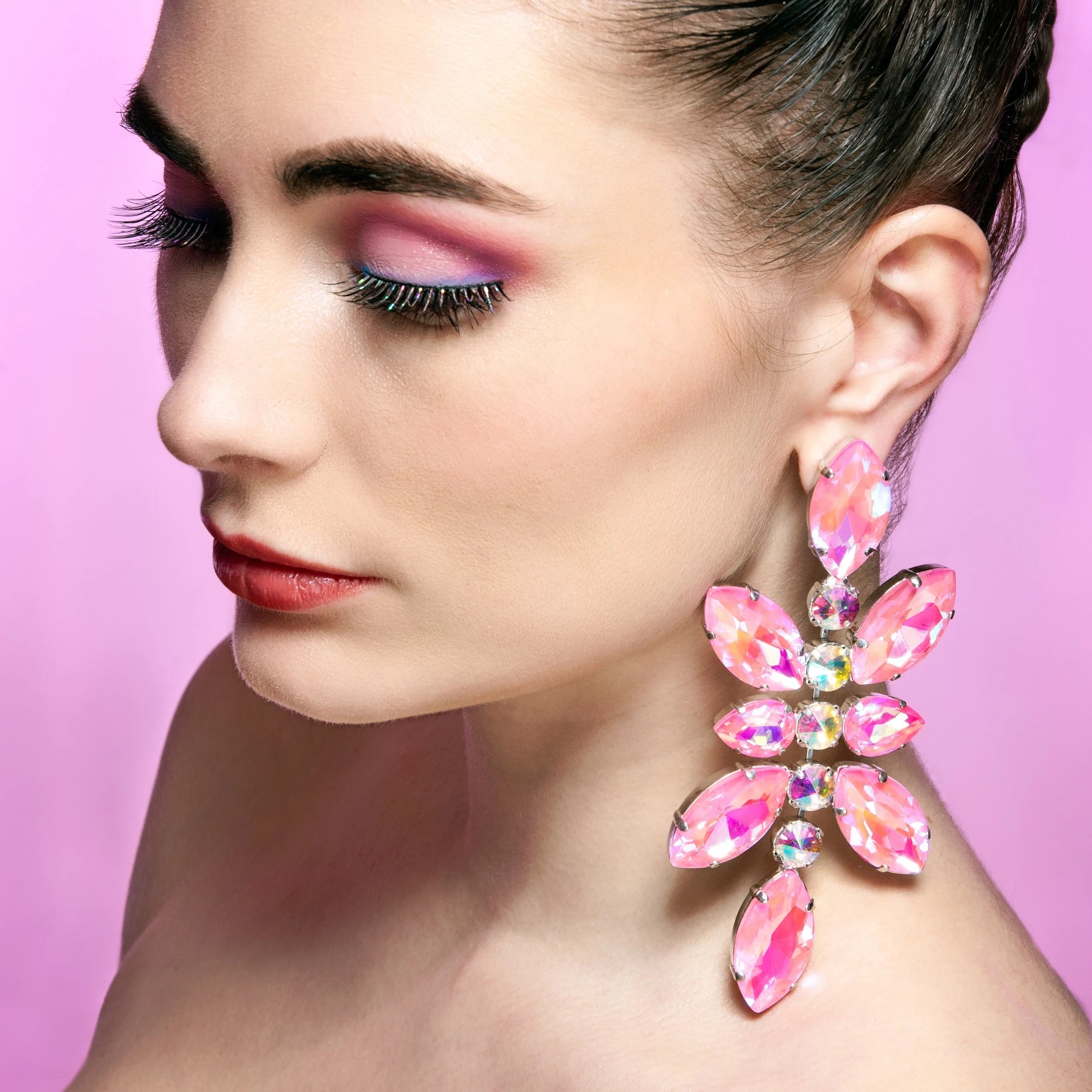 Pastel Pink Butterfly Dramatic Earrings With Austrian Crystal