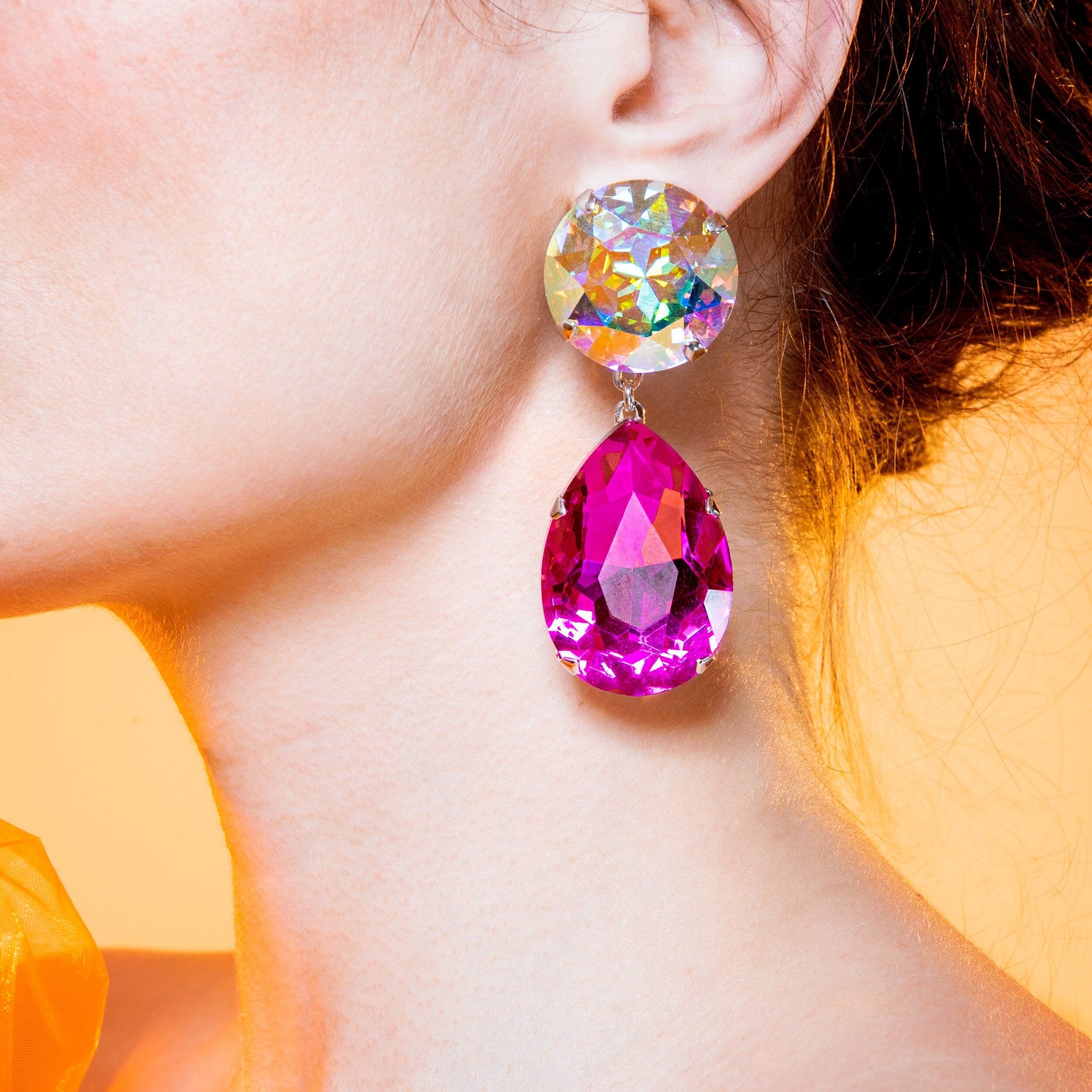 Pink & Aurora Statement Teardrop Earrings with Austrian Crystal