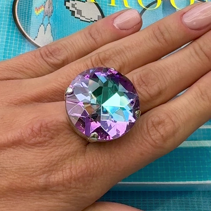 Load video: Large Twilight Purple Statement Solitaire Dress Ring With 27mm Austrian Crystal