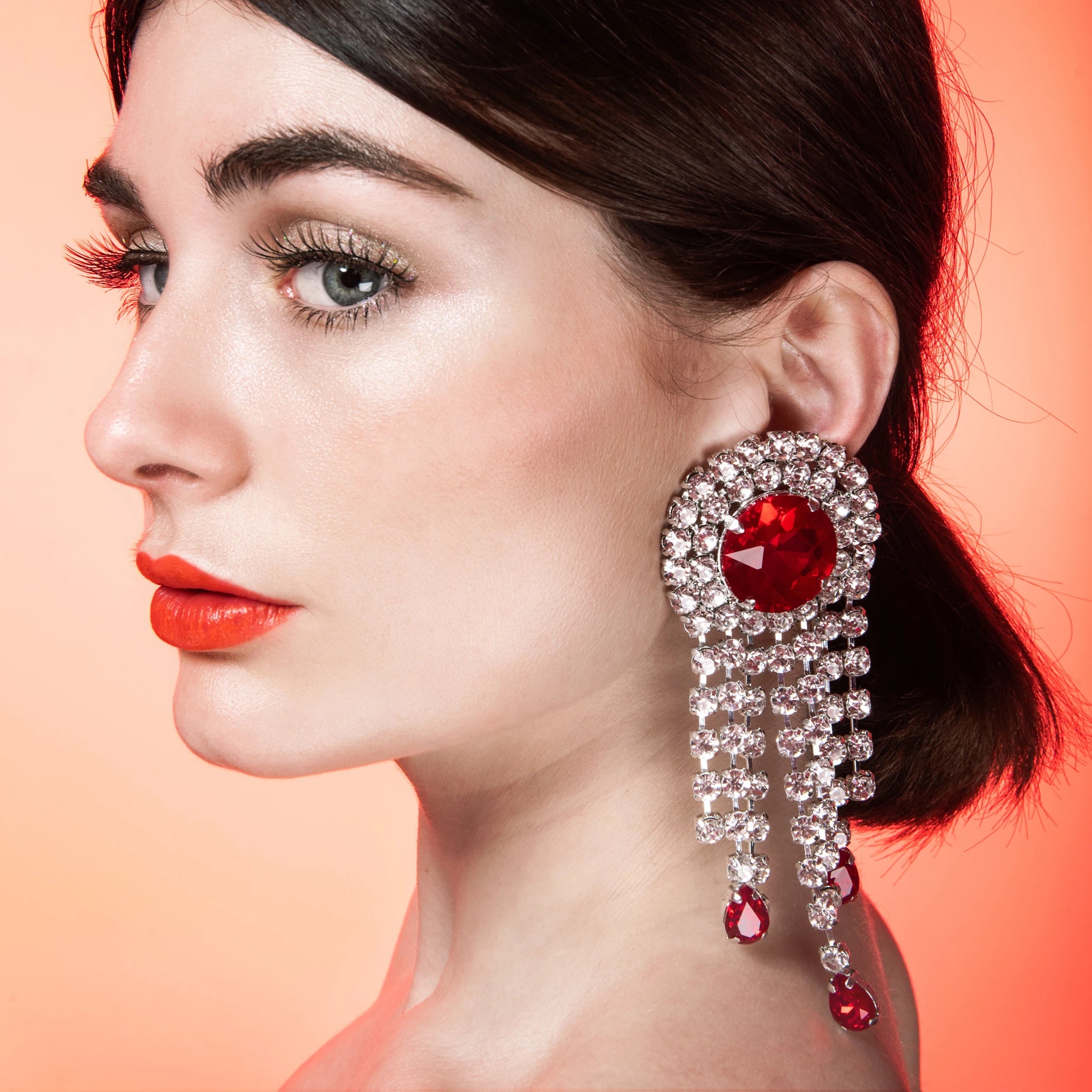 Vintage Red Dropper Waterfall Earrings With Austrian Crystal