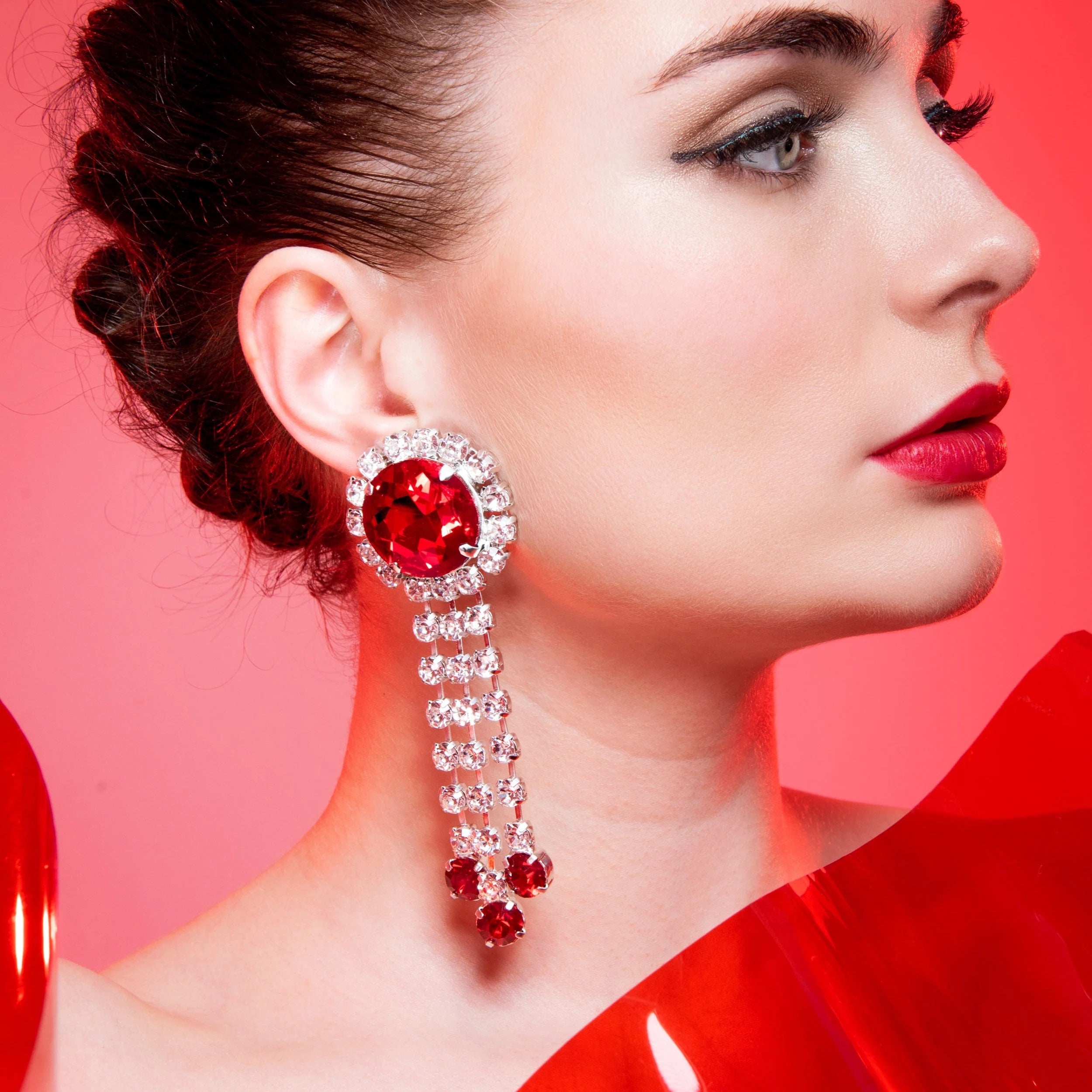 Ruby Red Waterfall Droplet Earrings With Austrian Crystal