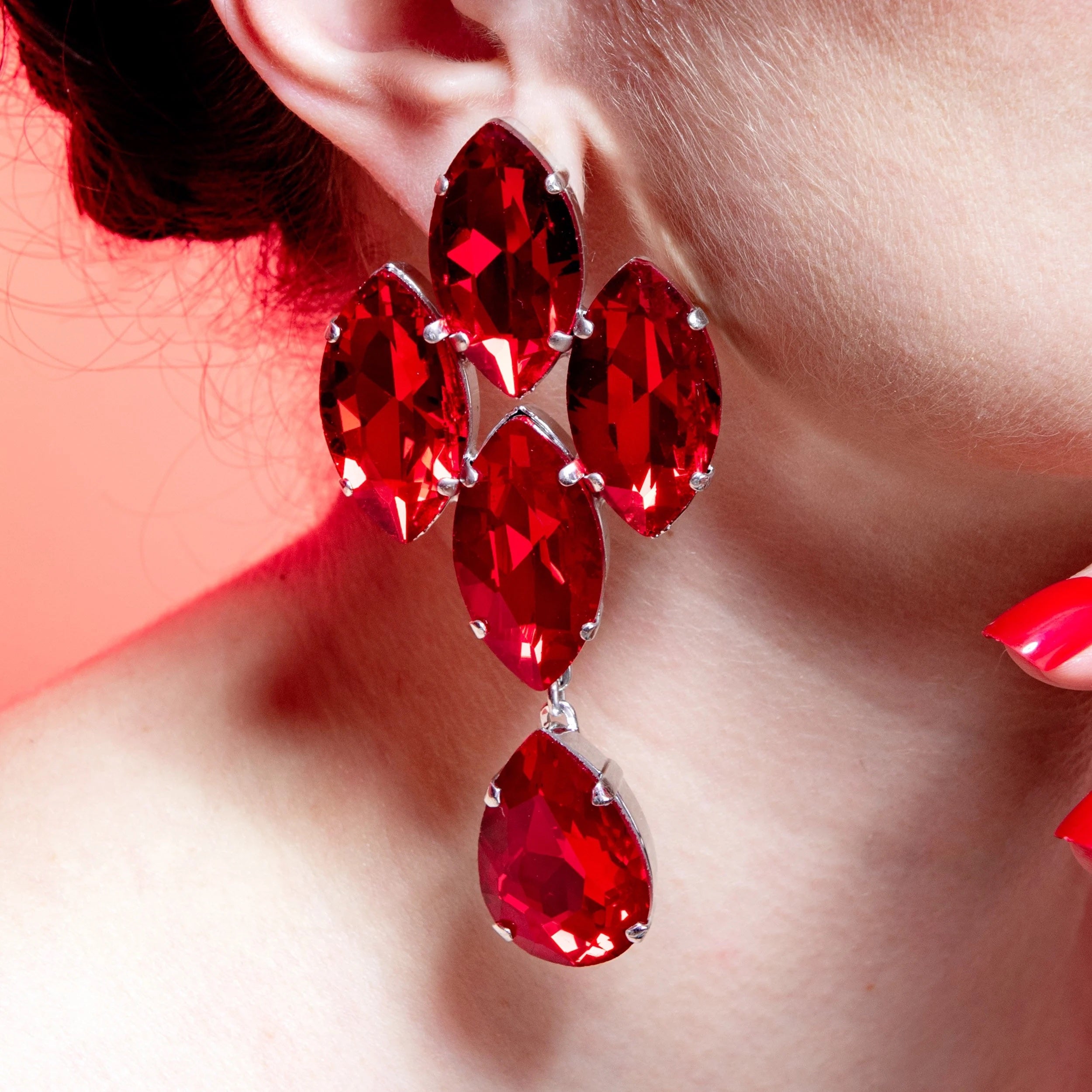 Ruby Red Cluster Crystal Earrings With Suspended Teardrop