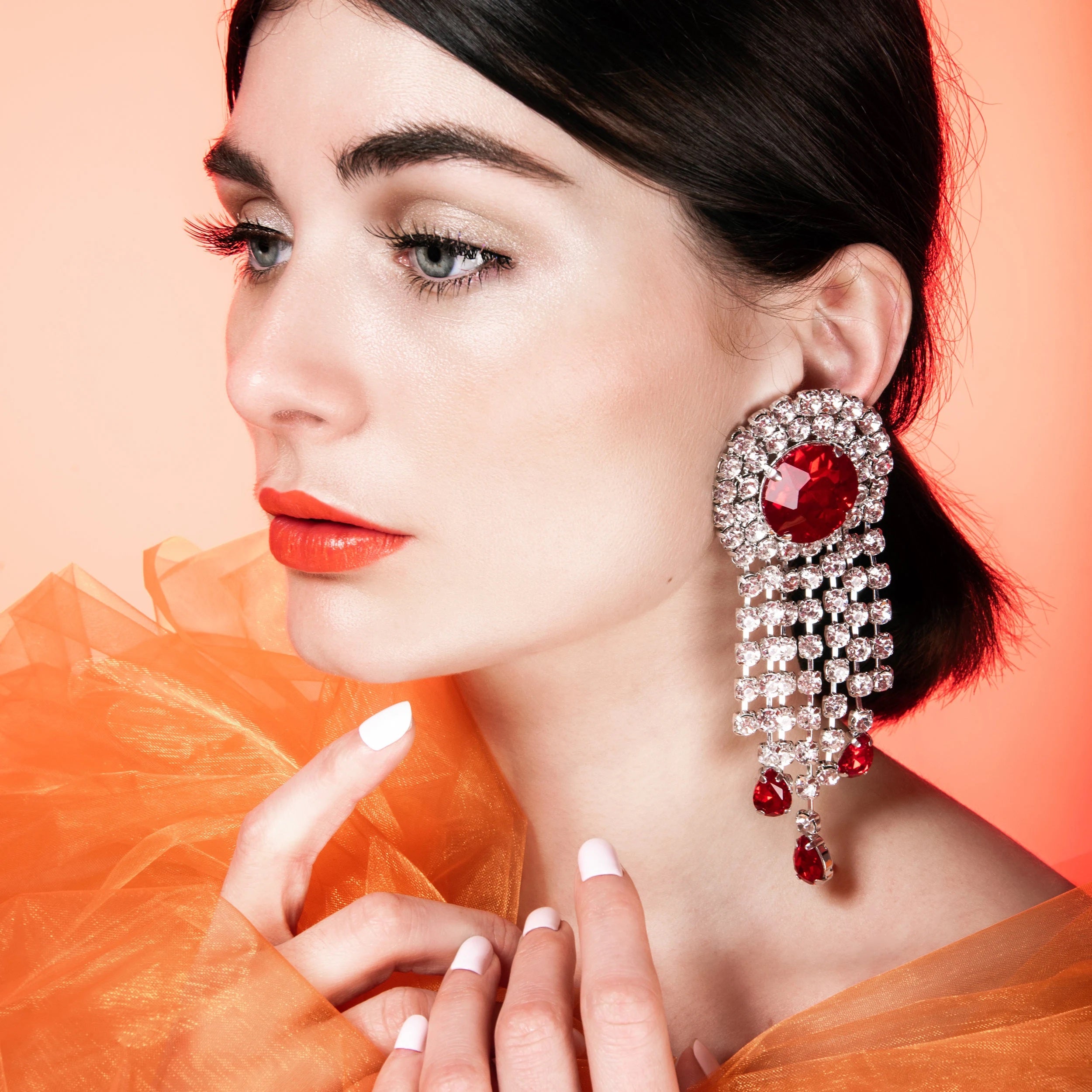 Vintage Red Dropper Waterfall Earrings With Austrian Crystal