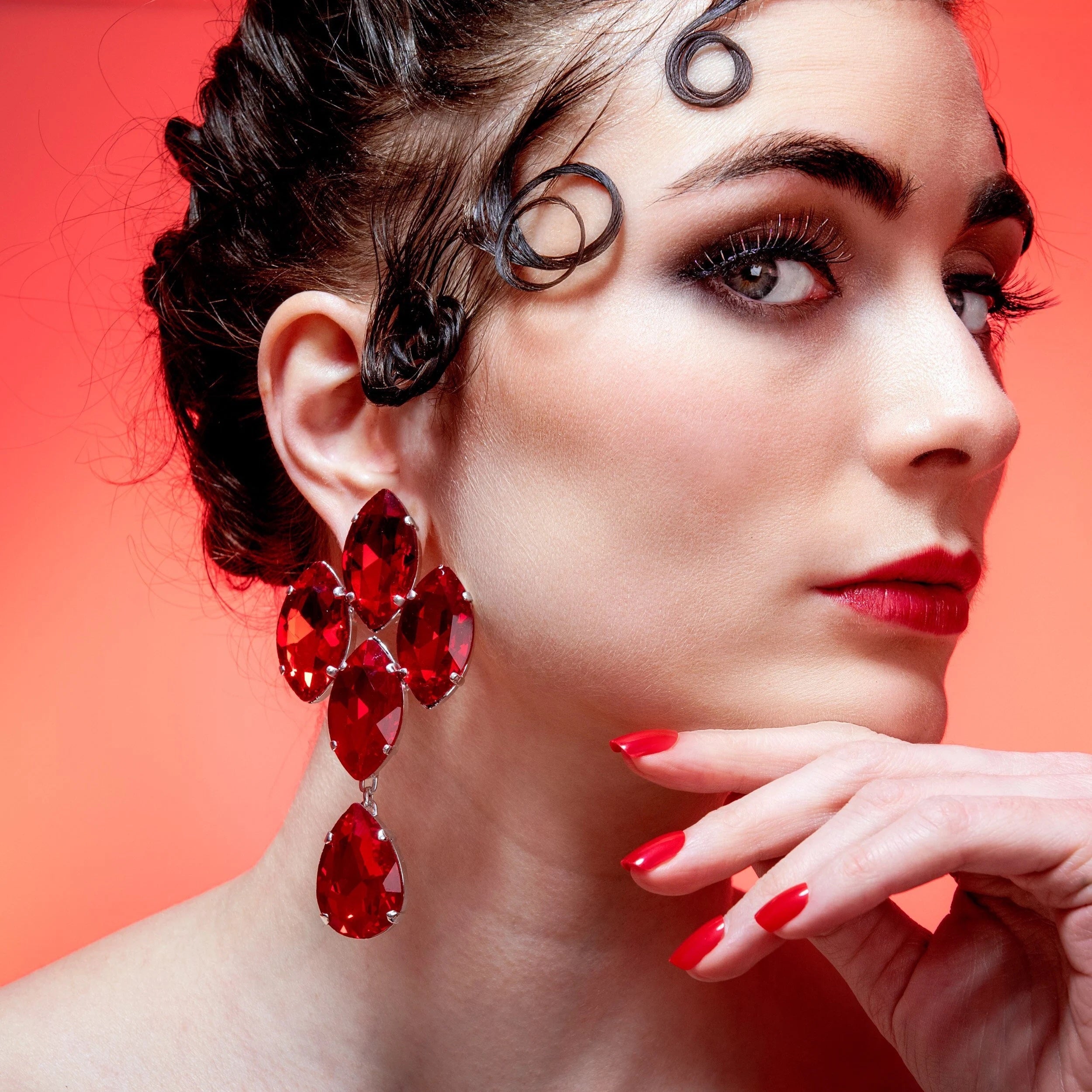 Ruby Red Cluster Crystal Earrings With Suspended Teardrop