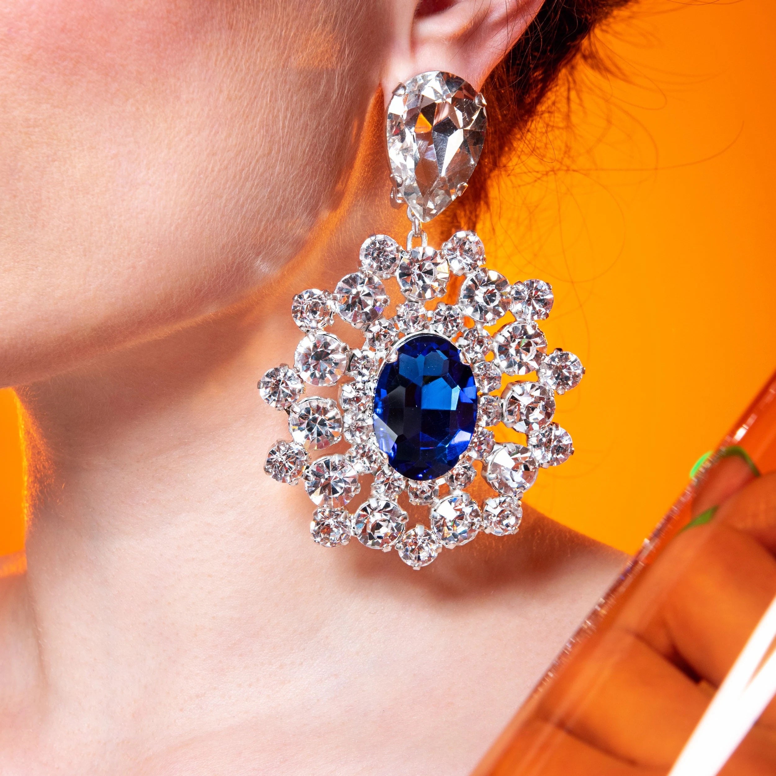 Faux Diamond Sapphire Blue Earrings With Austrian Crystal