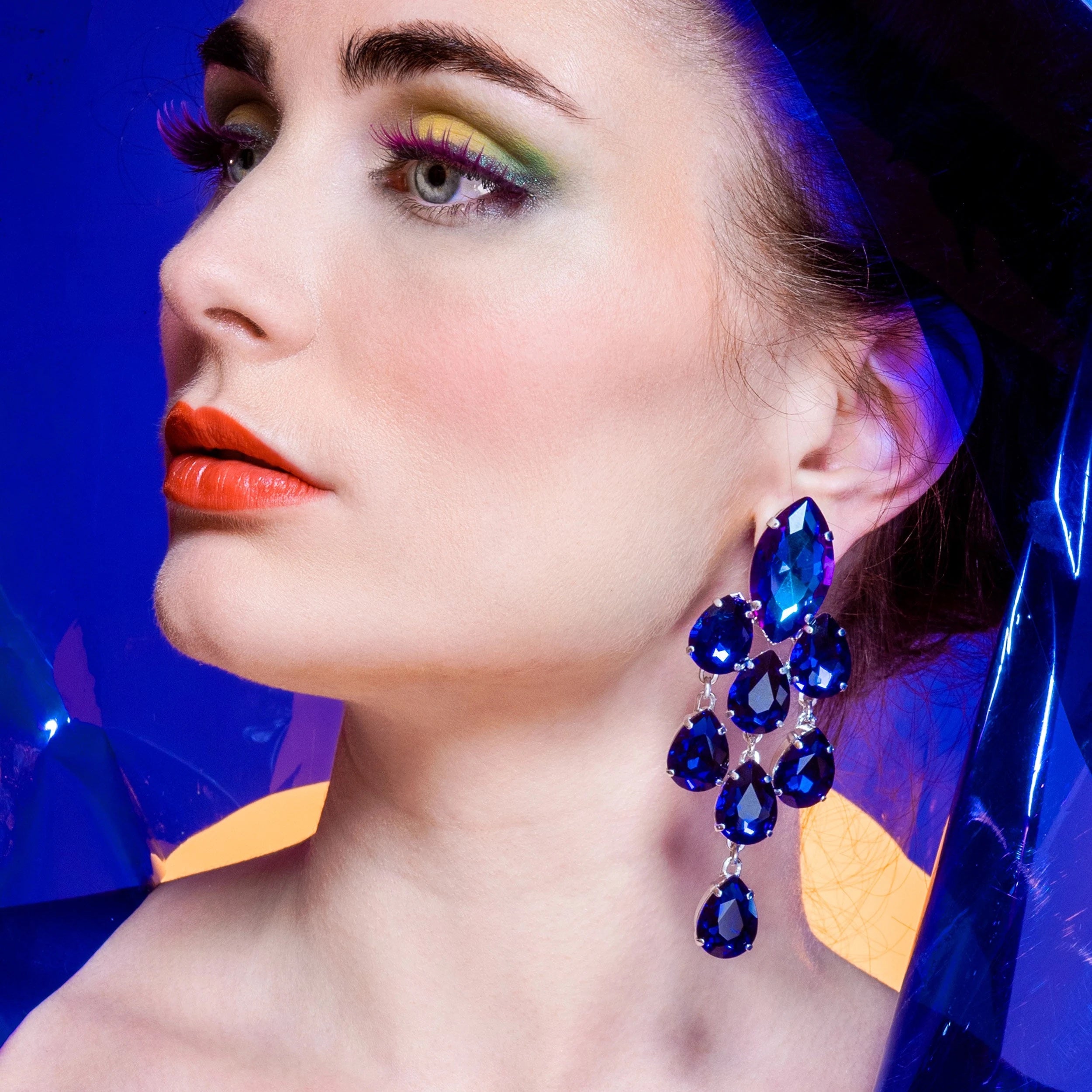 Sapphire Blue Multiple Dropper Earrings With Austrian Crystal