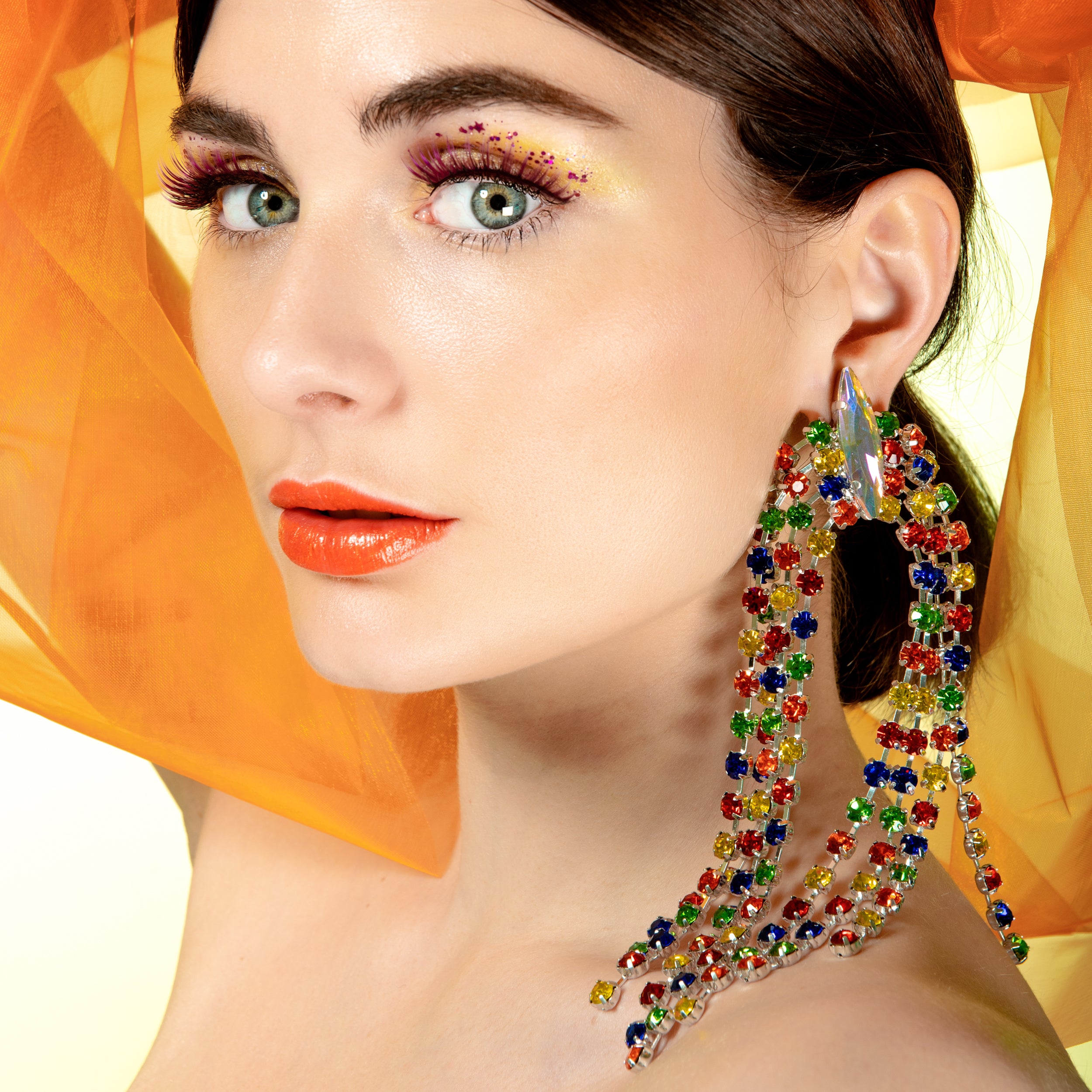 Rainbow Waterfall Multicolour Earrings With Austrian Crystal