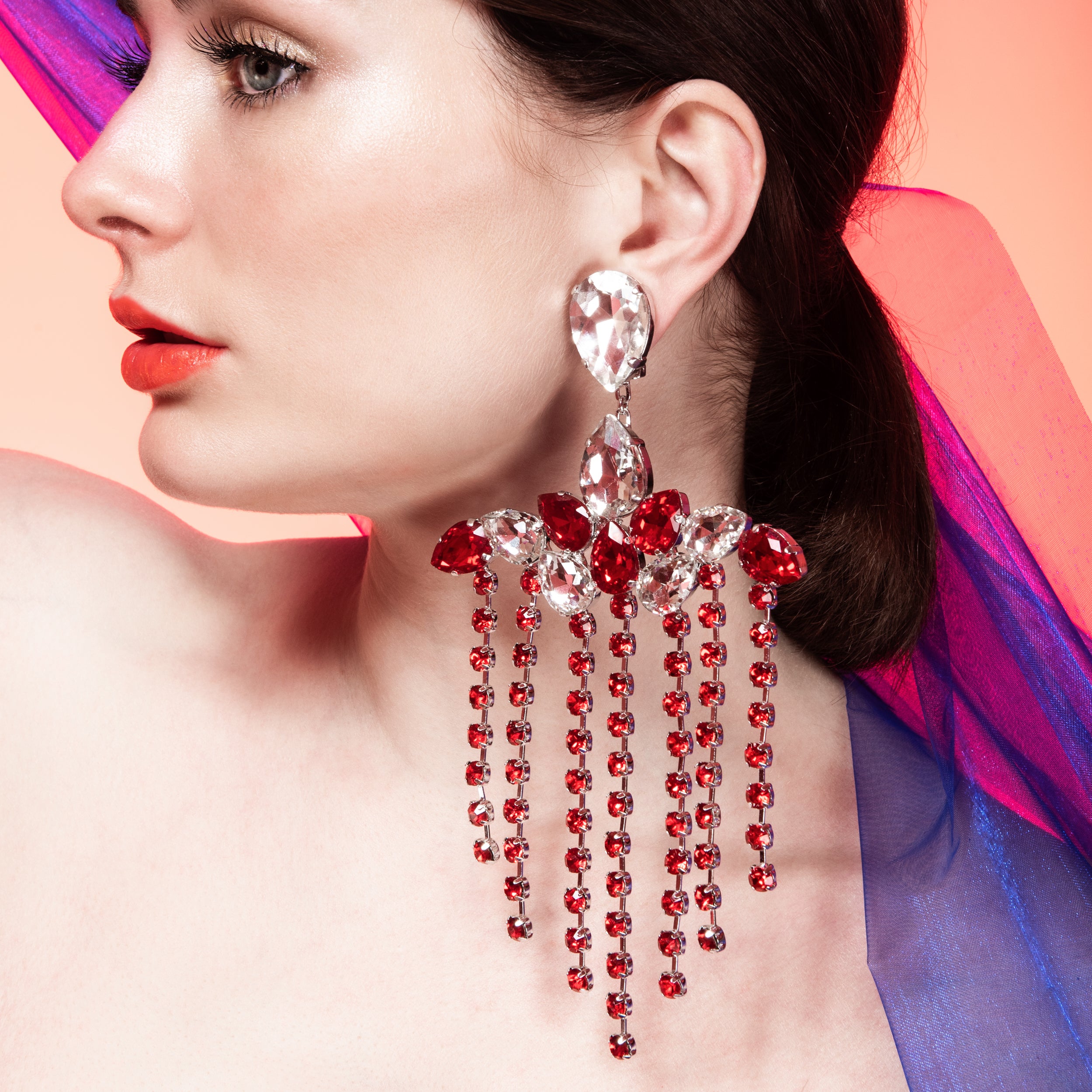 Opulent Ruby Red & Clear Statement Chandelier Earrings