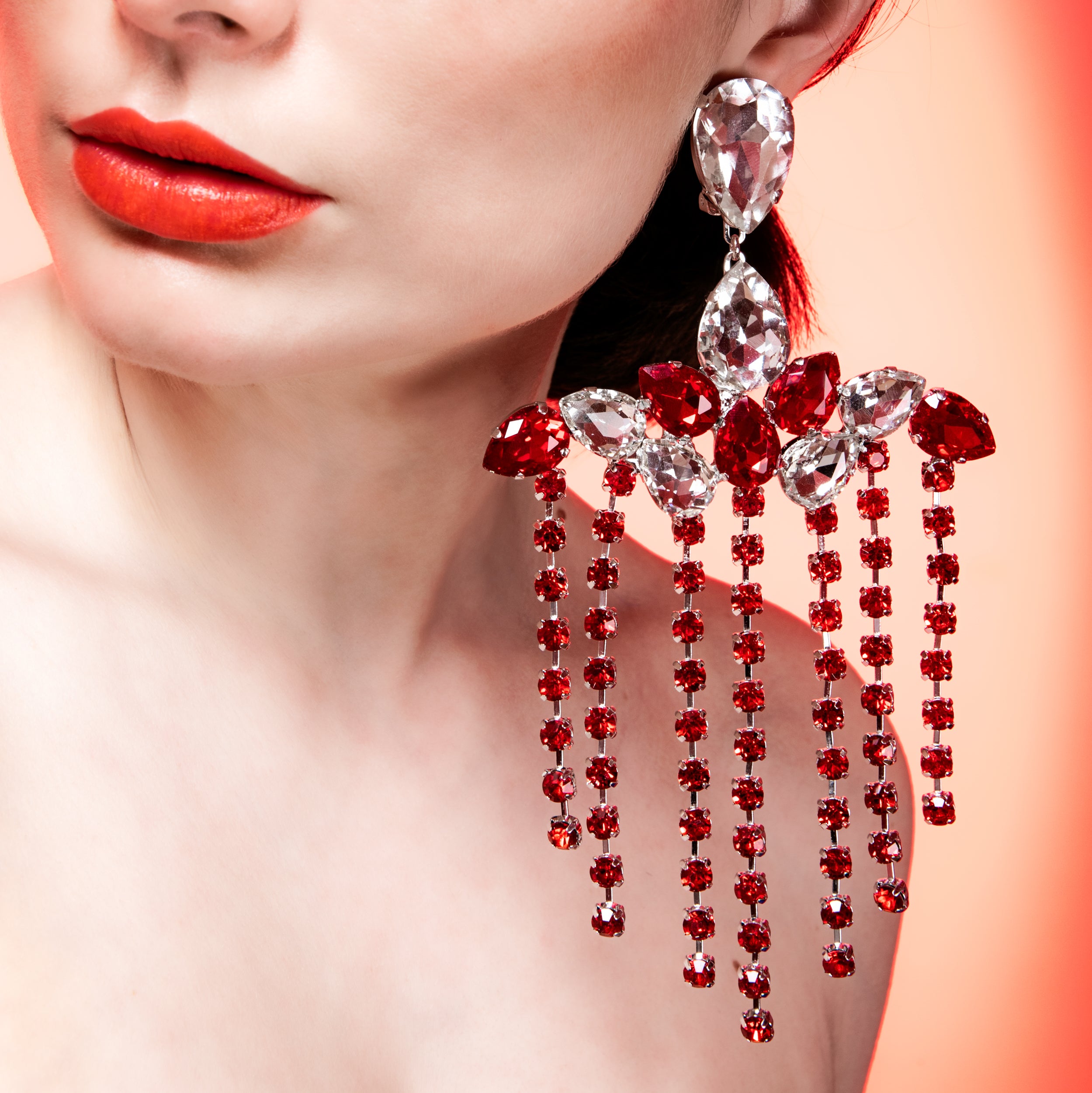 Opulent Ruby Red & Clear Statement Chandelier Earrings