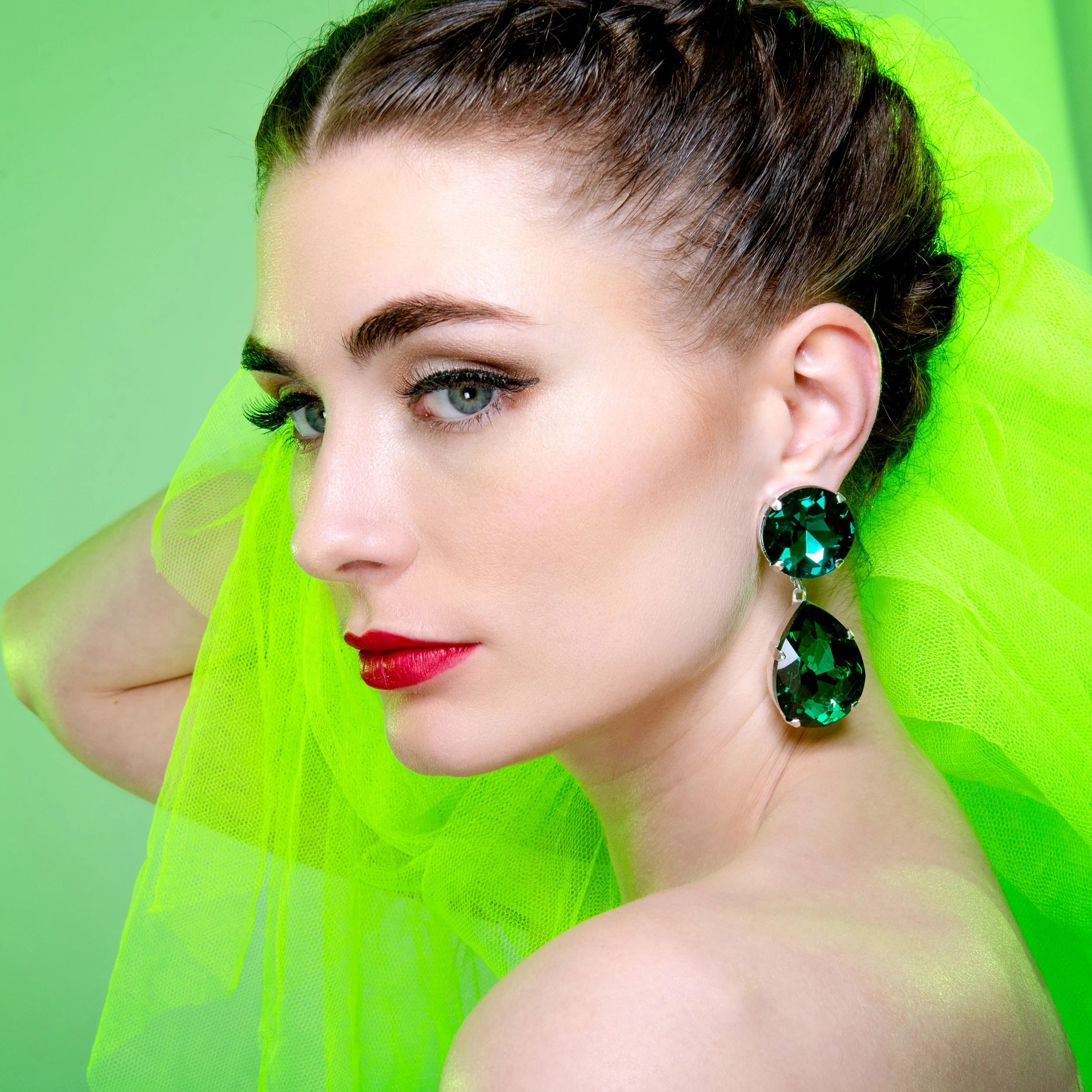 Emerald Green Statement Dropper Earrings With Austrian Crystal