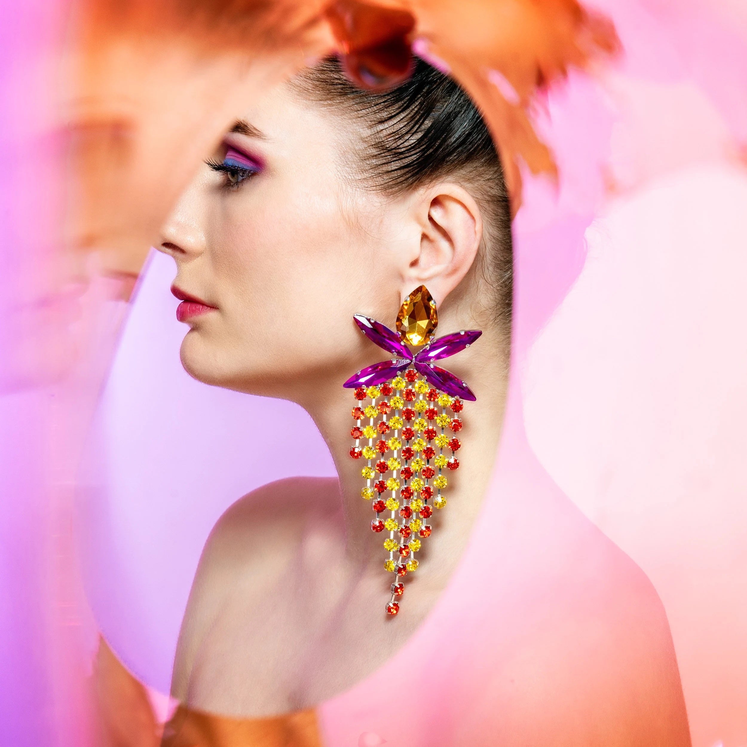 Tropicana Orange & Yellow Earrings With Austrian Crystal