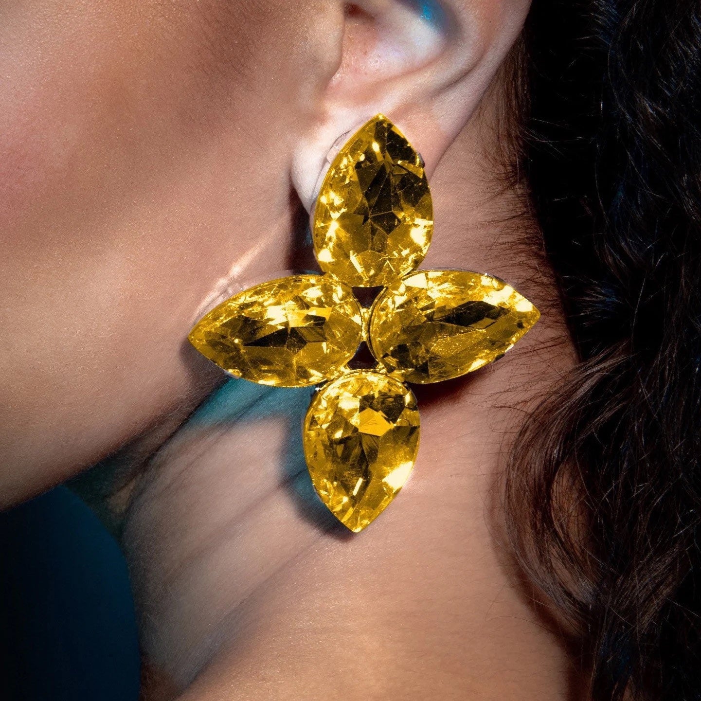 Golden Yellow Cluster Earrings With Austrian Crystal