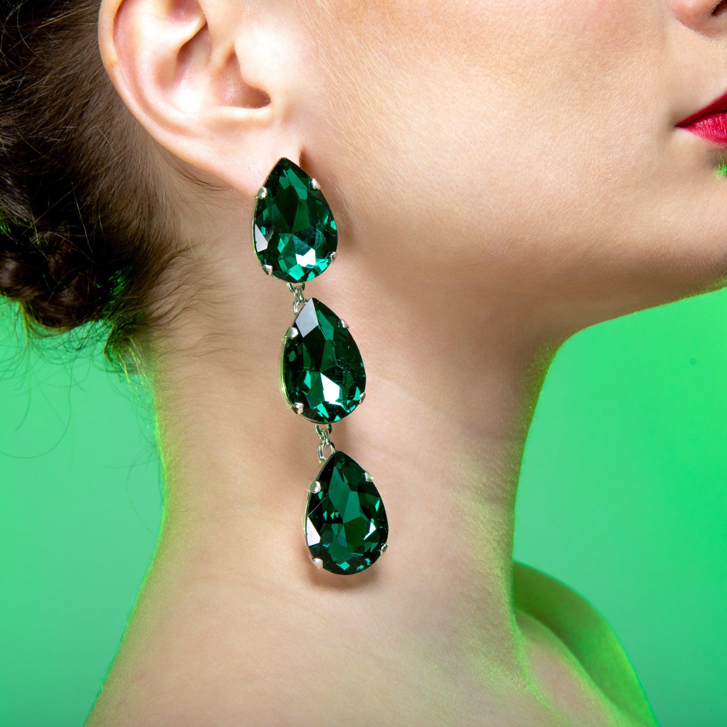 Emerald Green Large Teardrop Earrings With Austrian Crystal