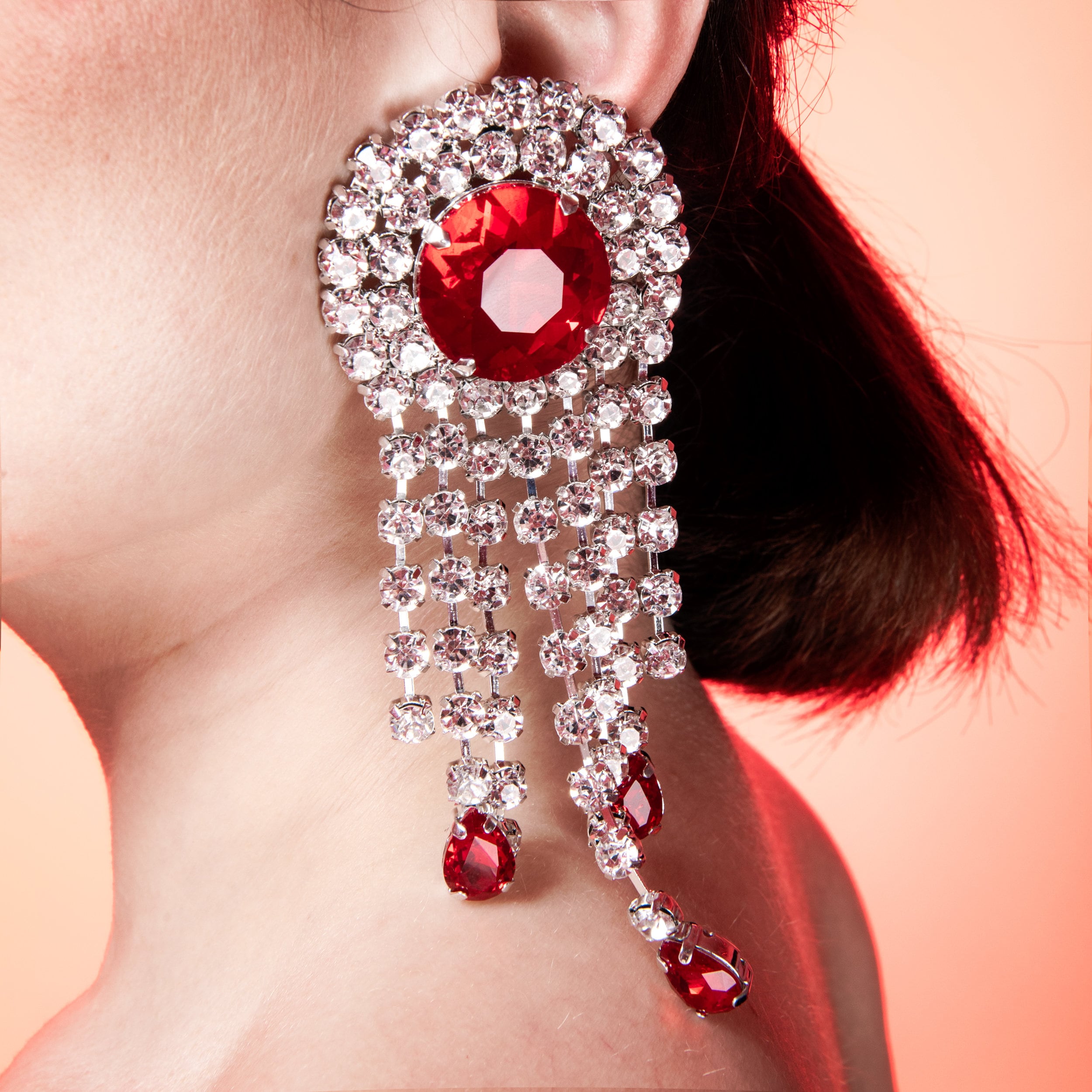 Vintage Red Dropper Waterfall Earrings With Austrian Crystal