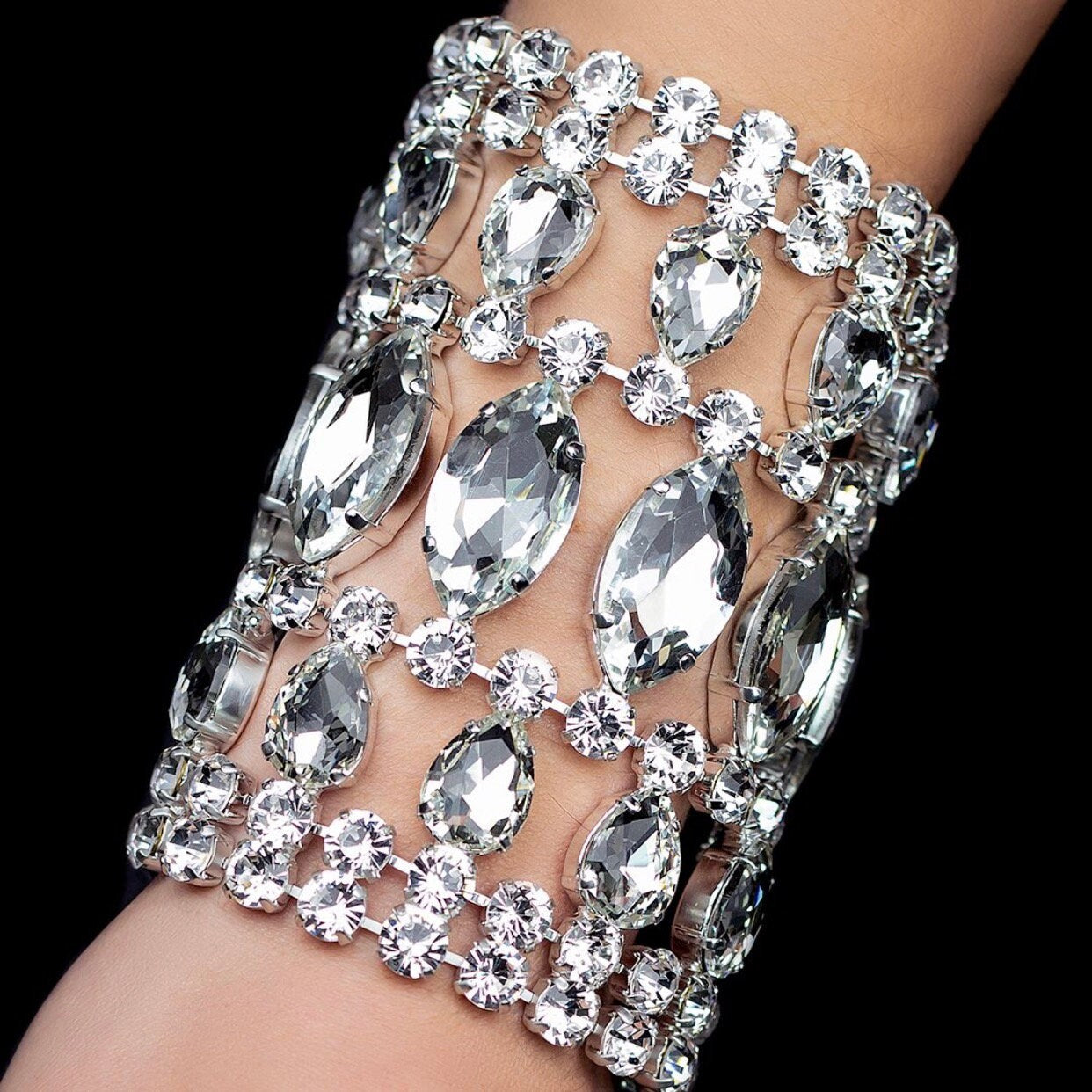 Large Drag Queen Cuff Crystal Bracelet | Large Stones | Hook & Chain Adjustable | Crystal Jewelry | Glamorous Bracelet | Dress Jewellery