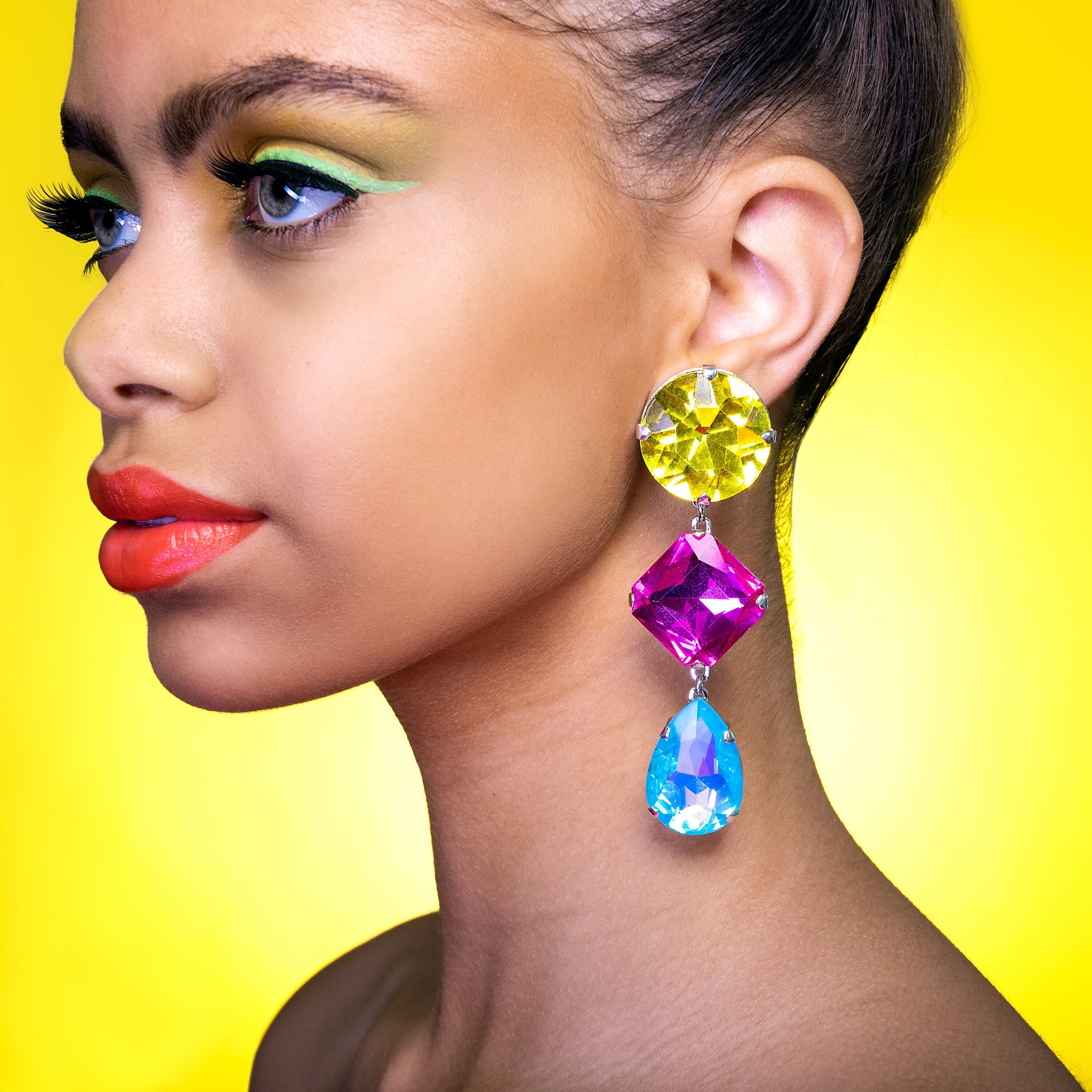 Vibrant Yellow Blue Pink Statement Earrings With Austrian Crystal