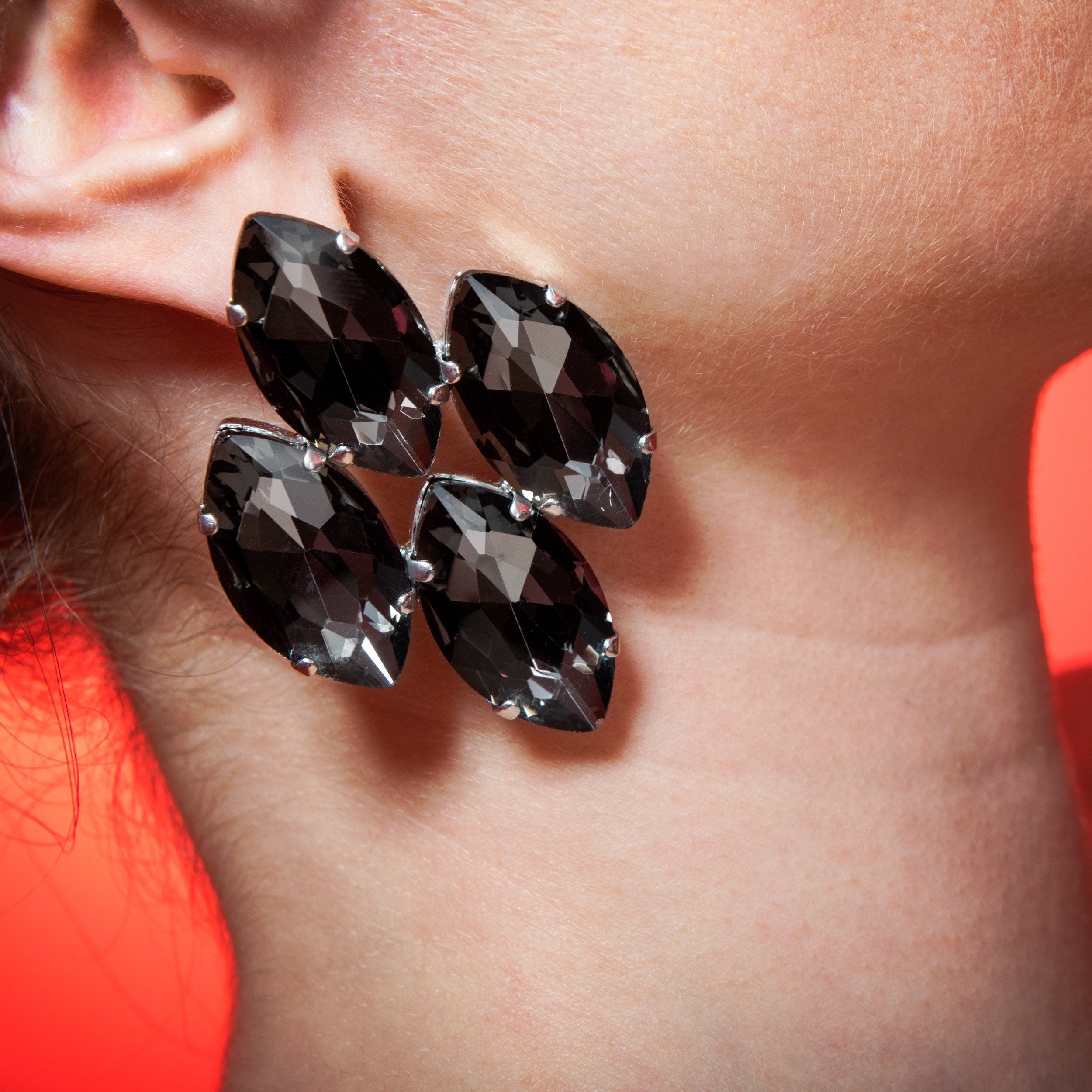 Smoked Black Diamond Crystal Button Earrings