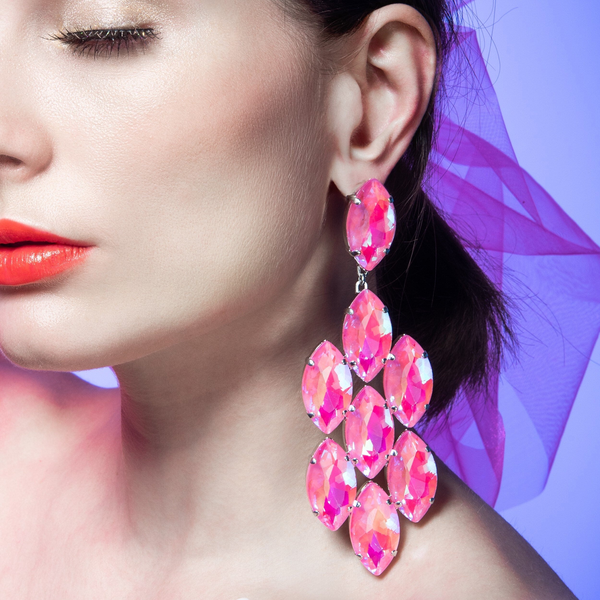 Long Pink Drag Earrings | Clip On Also Available |  Crystal Costume Earrings | Pink Dress Earrings | Drag Queen Earrings
