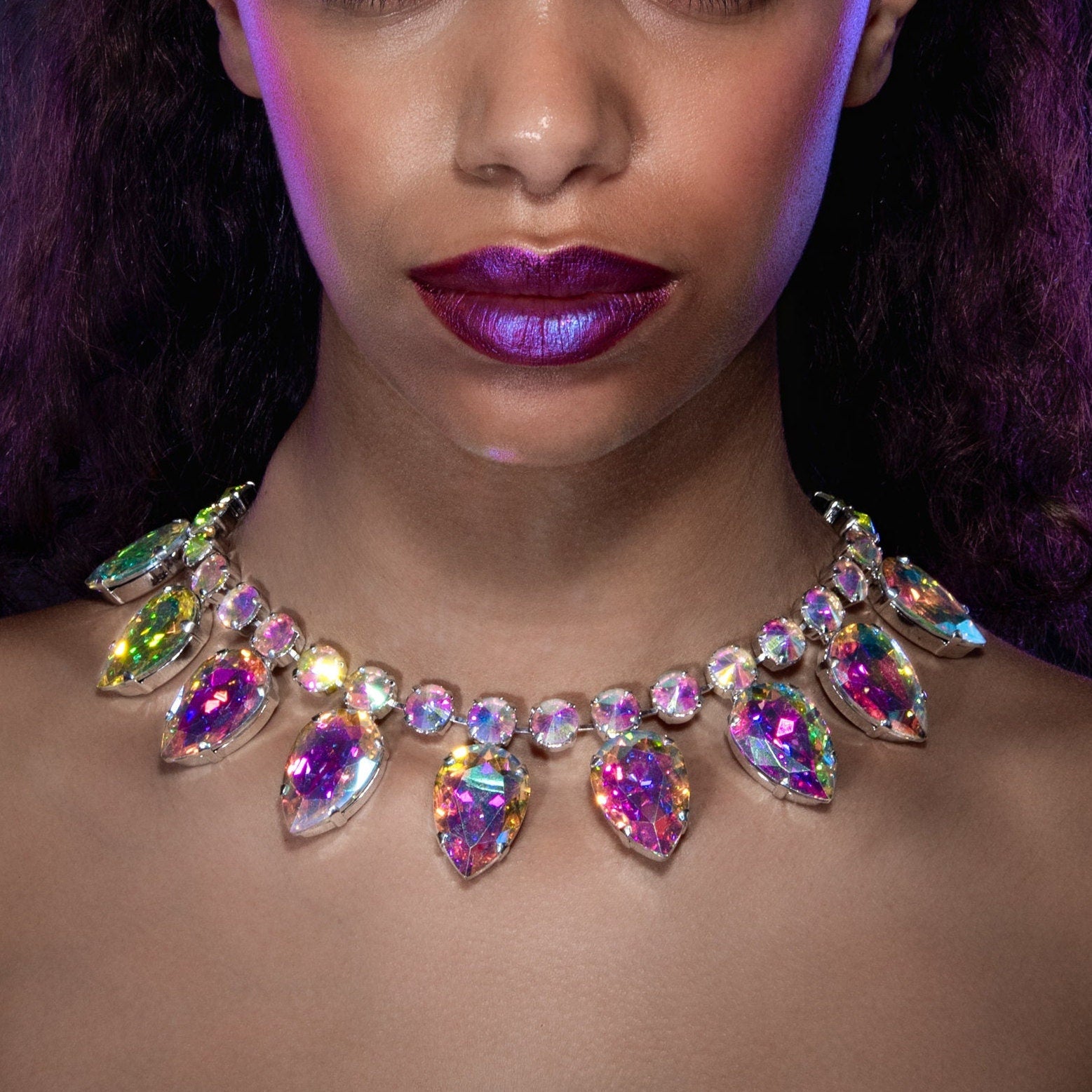 Aurora Teardrop Single Strand  Necklace With Austrian Crystal