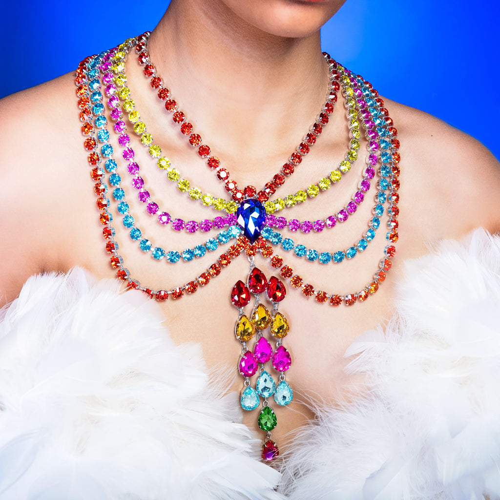 Burlesque rainbow Pride Austrian crystal bib necklace