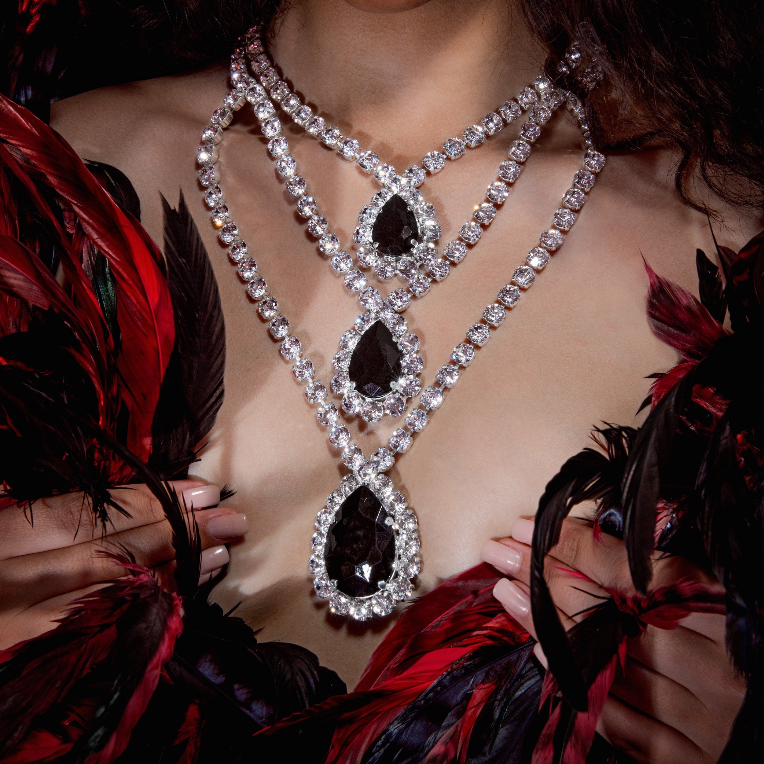 Eclipse Black & Crystal Monotone Triple Strand Necklace