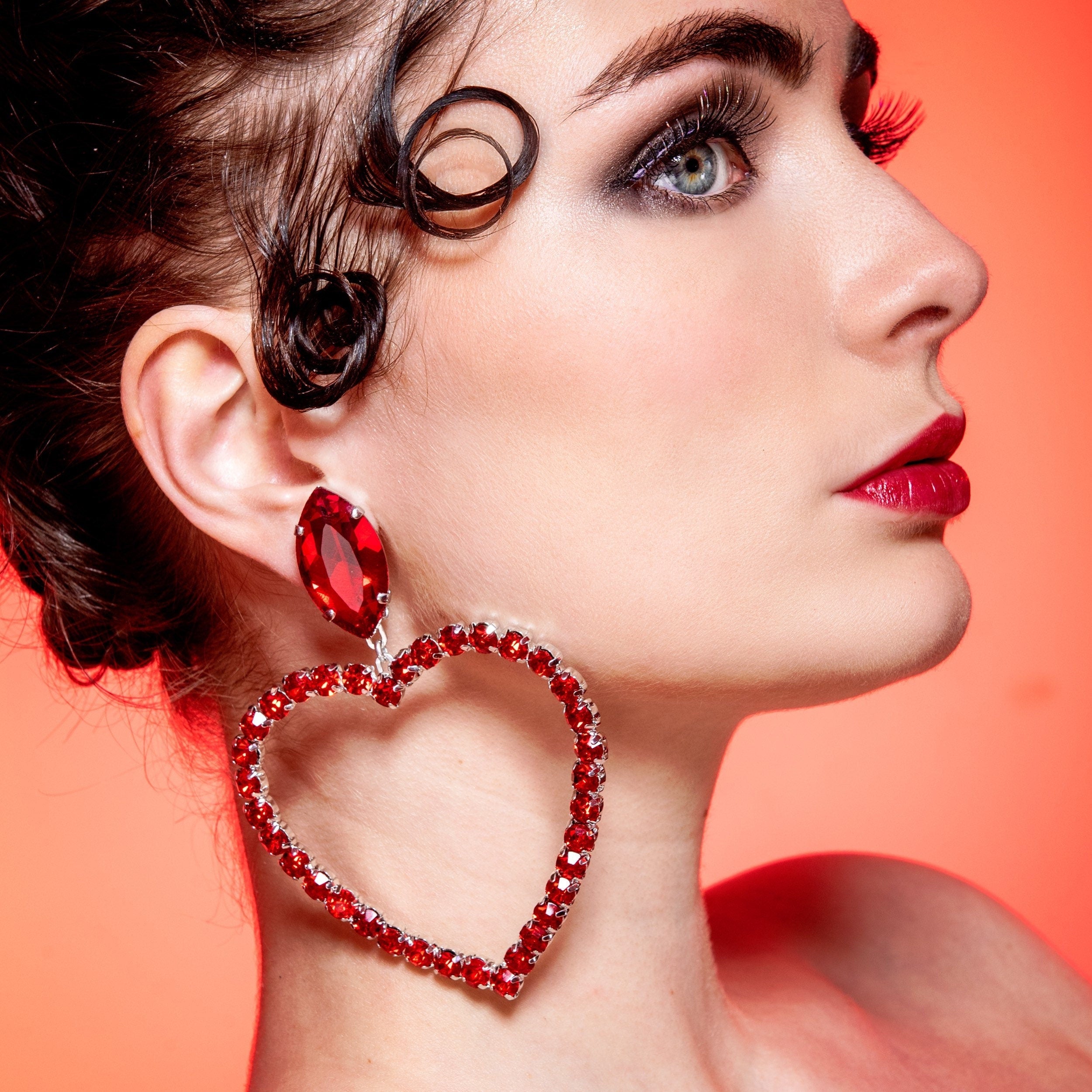 Ruby Red Large Heart Hoop Earrings With Austrian Crystal