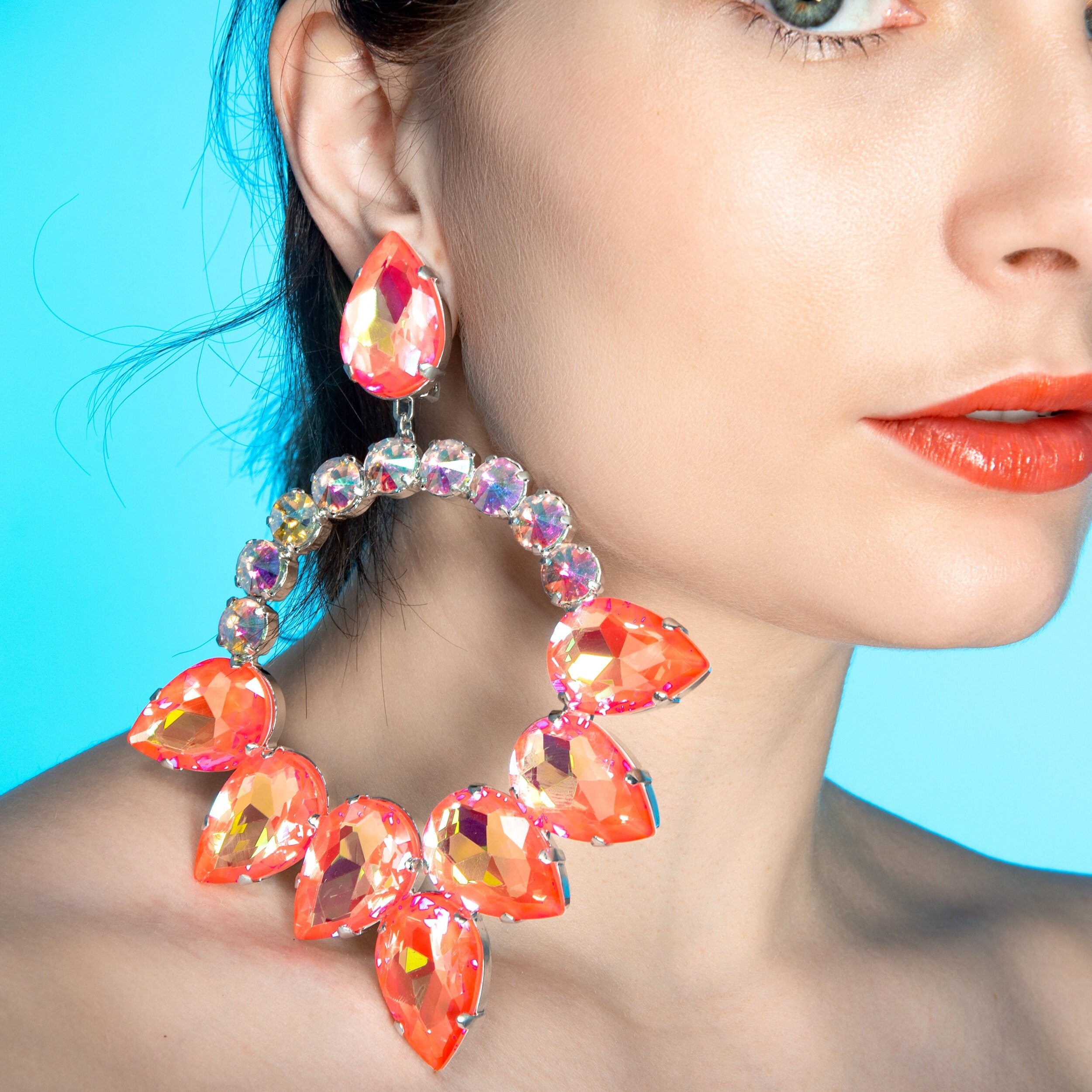 Orange Aurora Hoop Crystal Earrings | Clip On Also Available |  Crystal Costume Jewellery | Orange Dress Earrings | Drag Queen Earrings