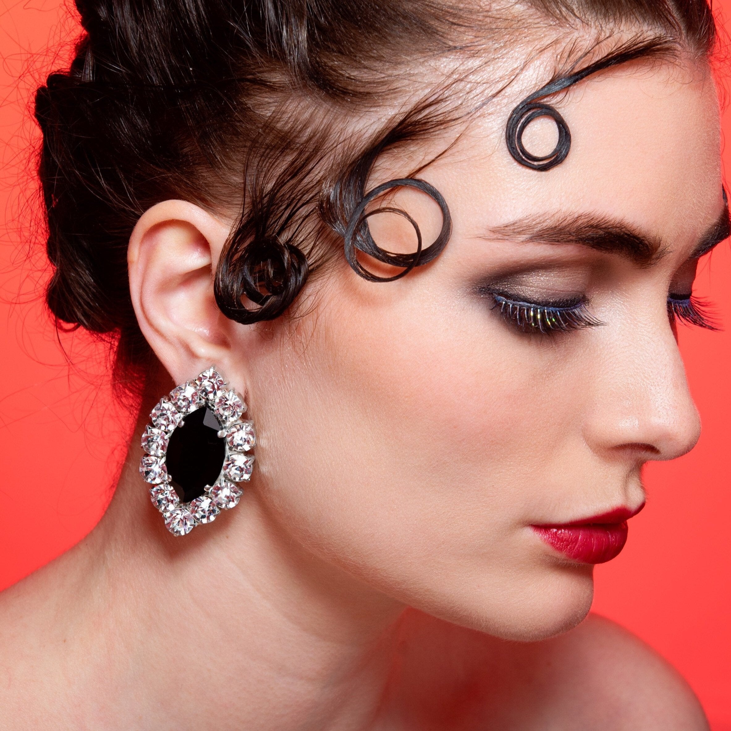 Jet Black & Clear Marquis Button Earrings With Austrian Crystal