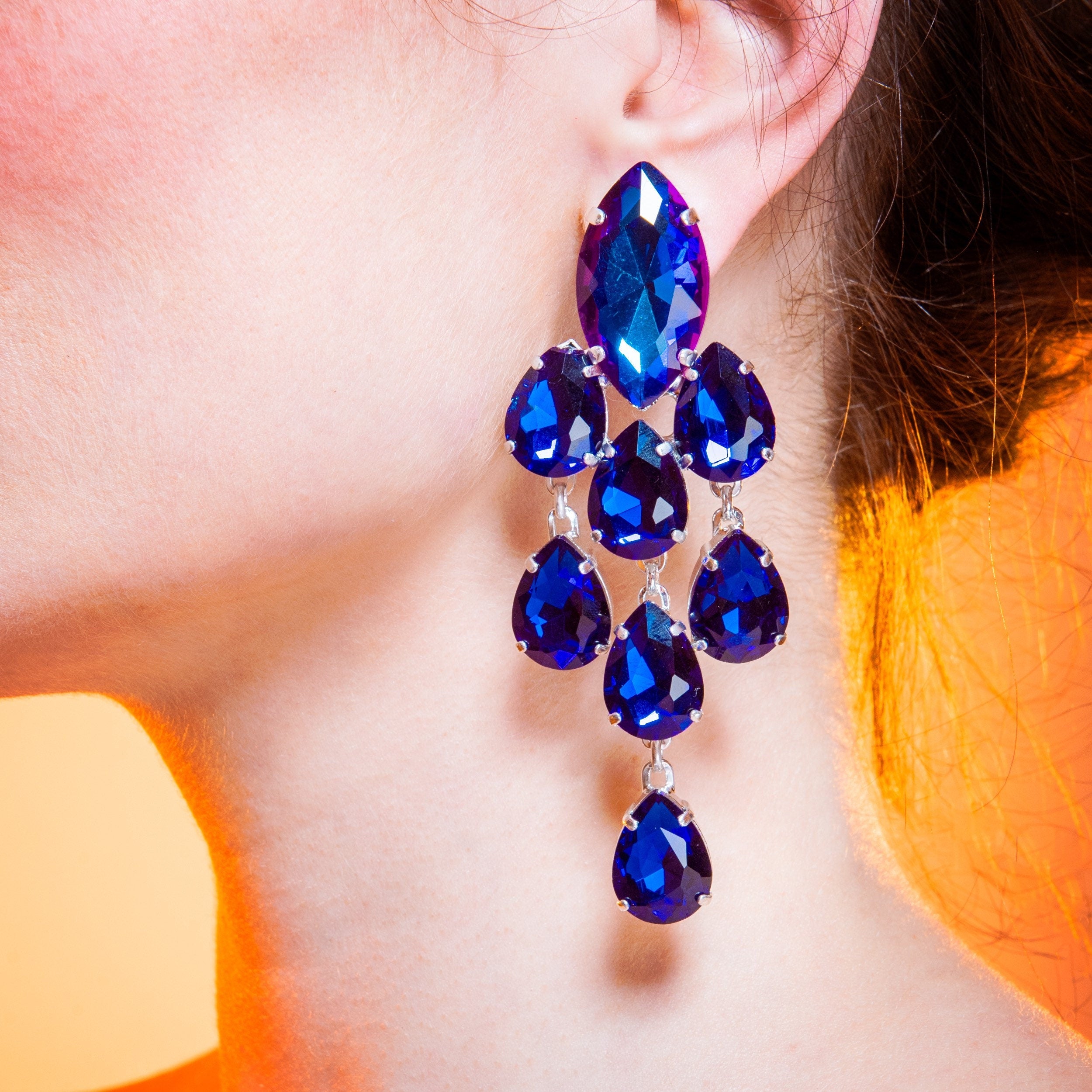 Sapphire Blue Multiple Dropper Earrings With Austrian Crystal