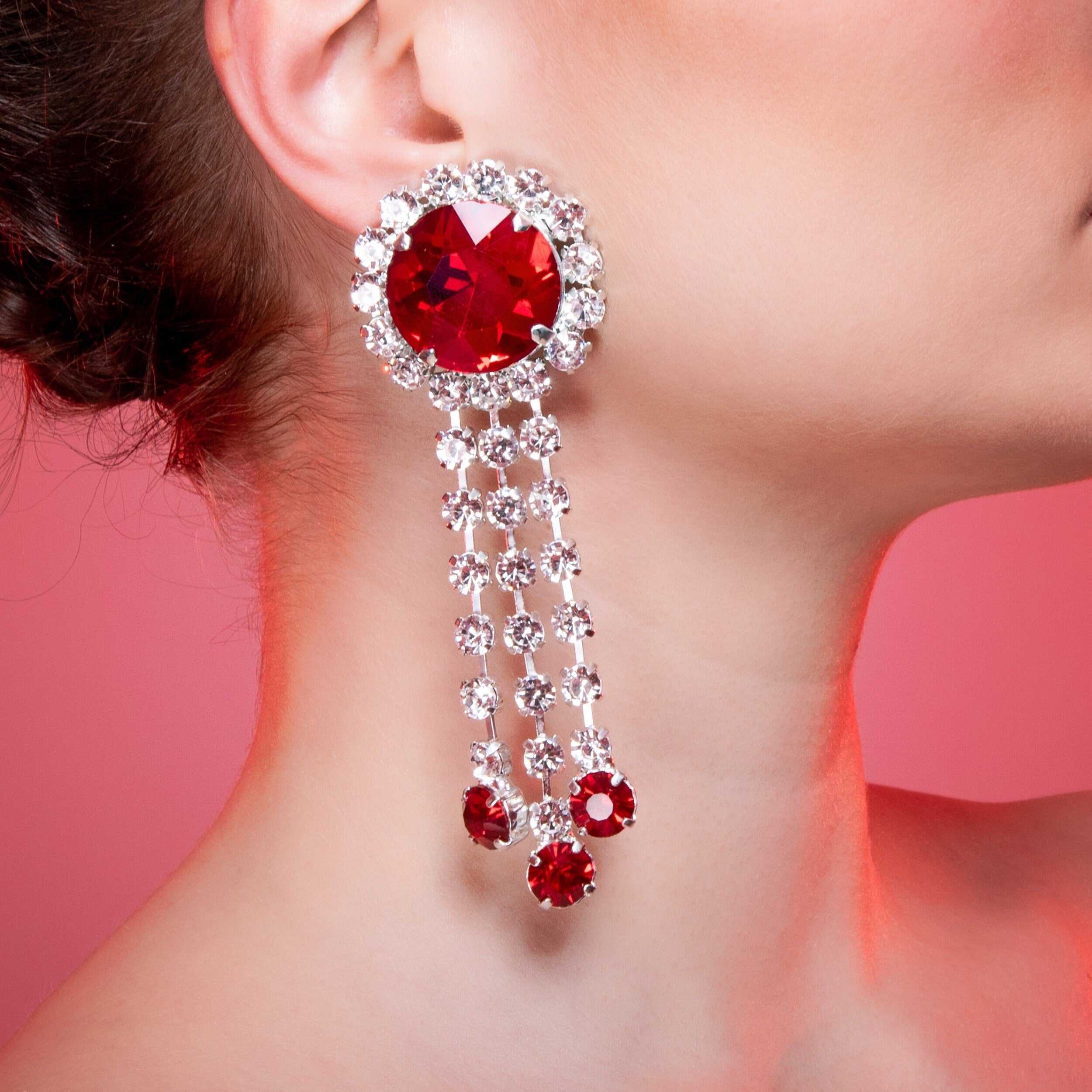 Ruby Red Waterfall Droplet Earrings With Austrian Crystal