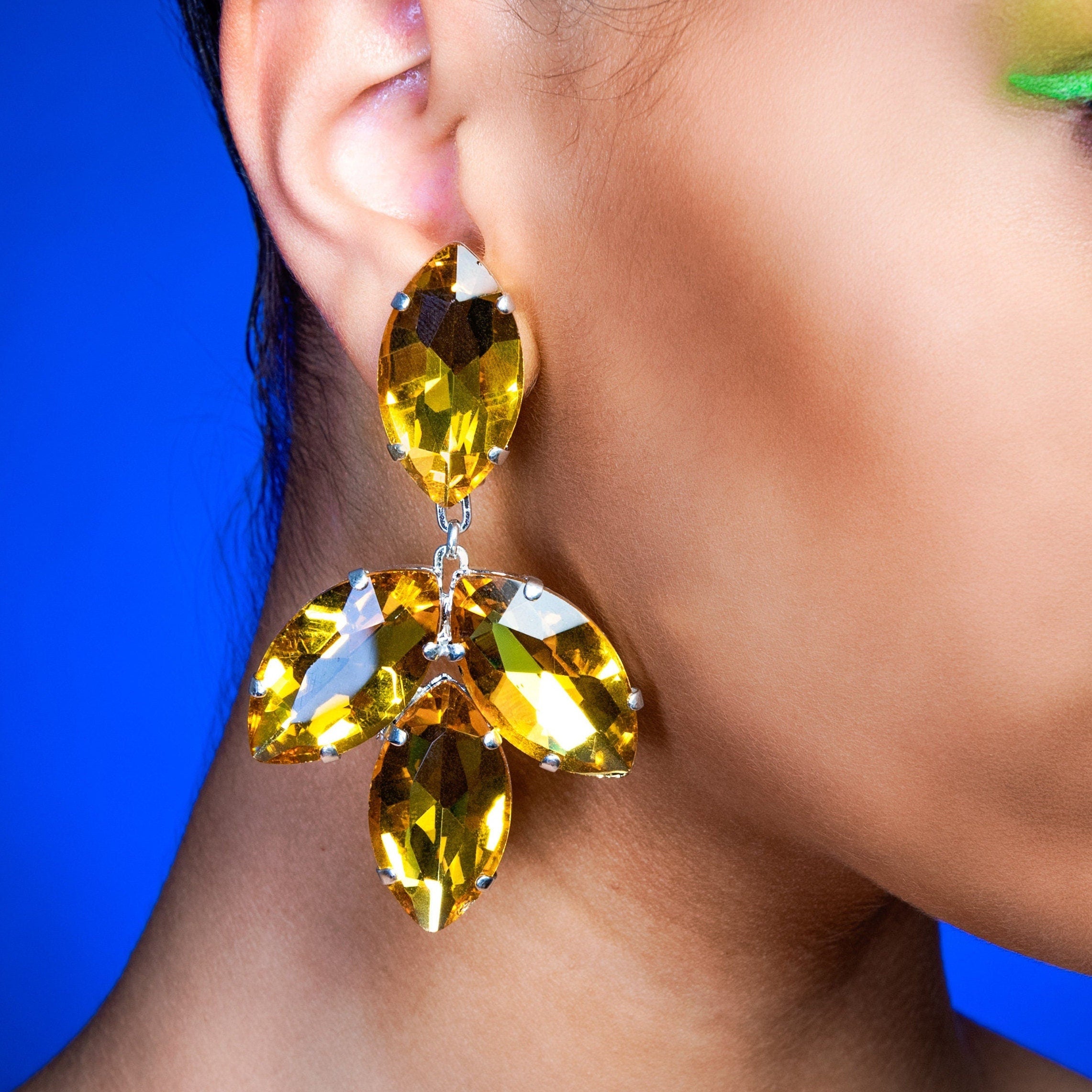 Golden Yellow Statement Dress Earrings With Austrian Crystal