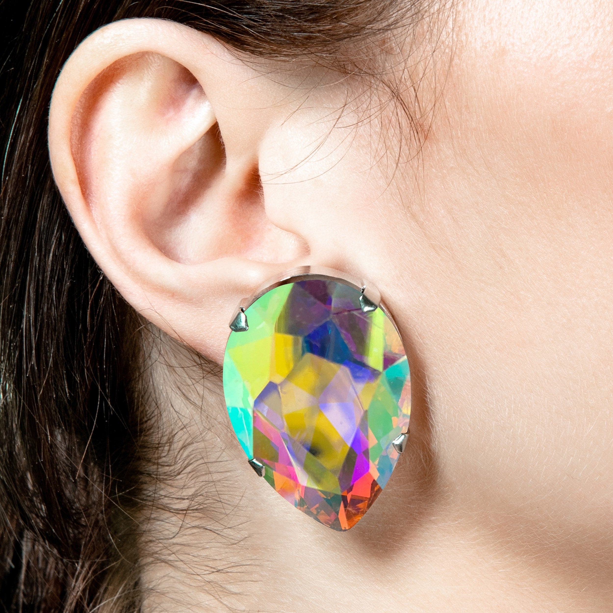 Large Rainbow Teardrop Earrings | Clip On Also Available | Glamorous Crystal Earrings | Silver Plated | Rainbow Costume Jewellery