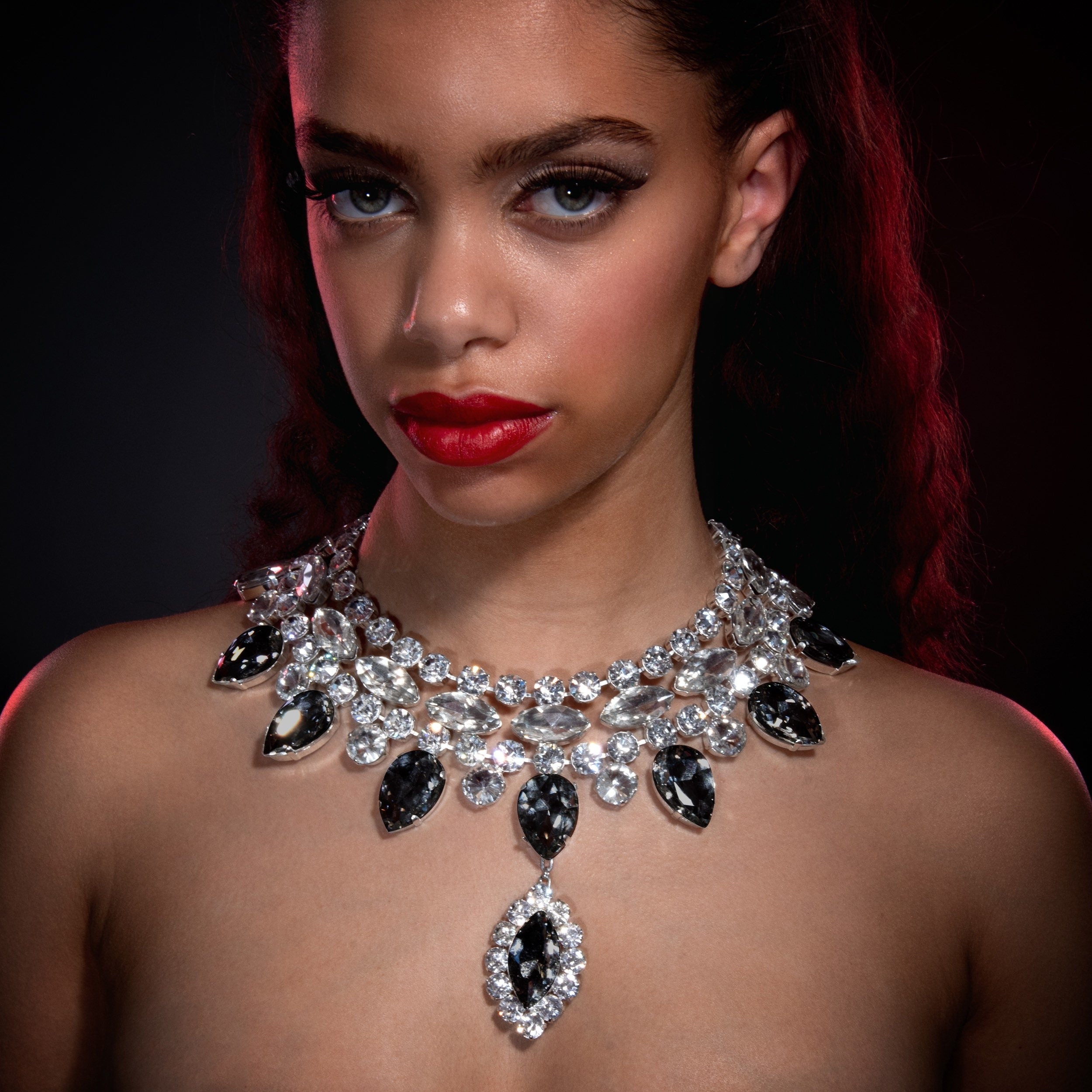 Smoked Diamond Crystal Collar Necklace & Earrings