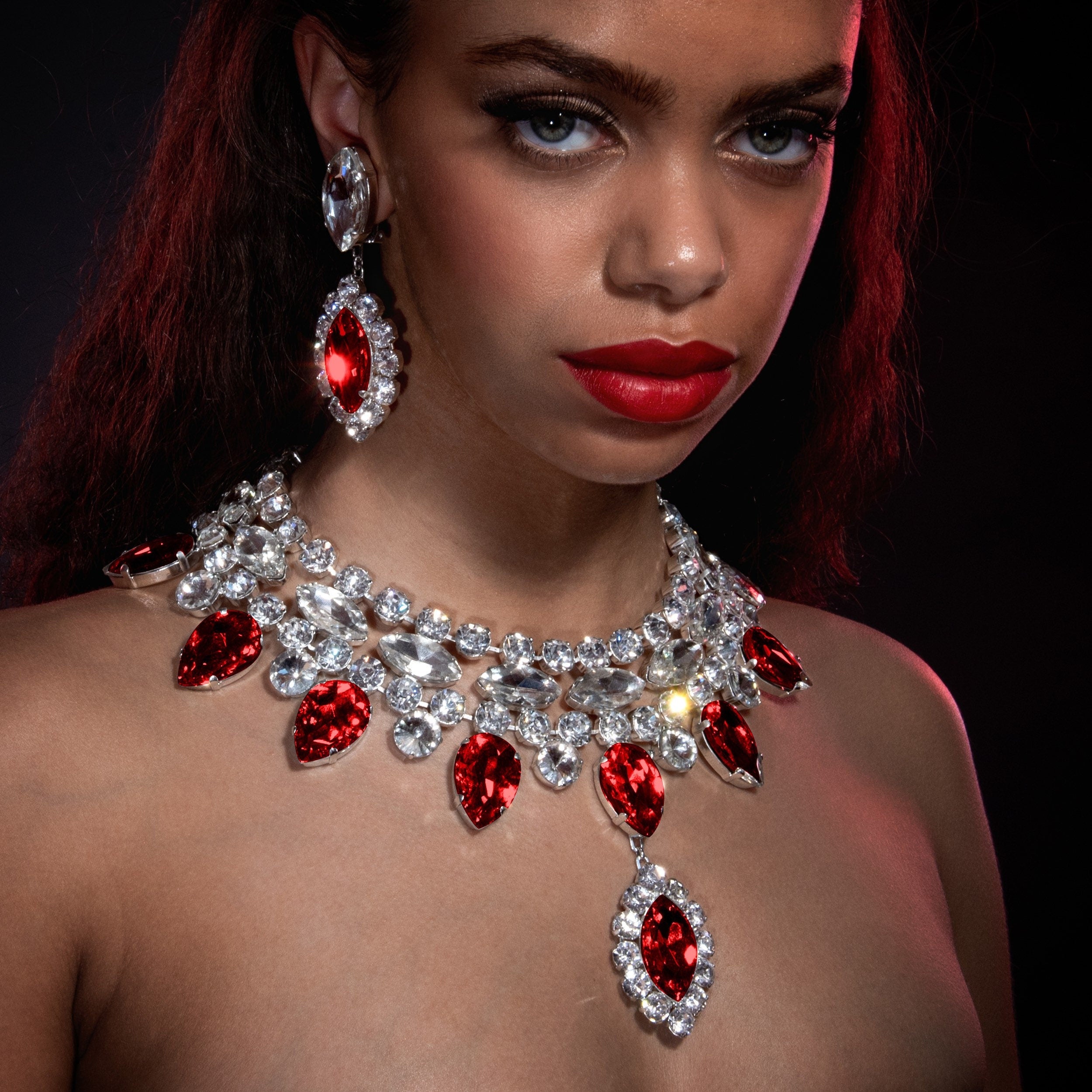 Red Vamp Crystal Collar Necklace & Earrings