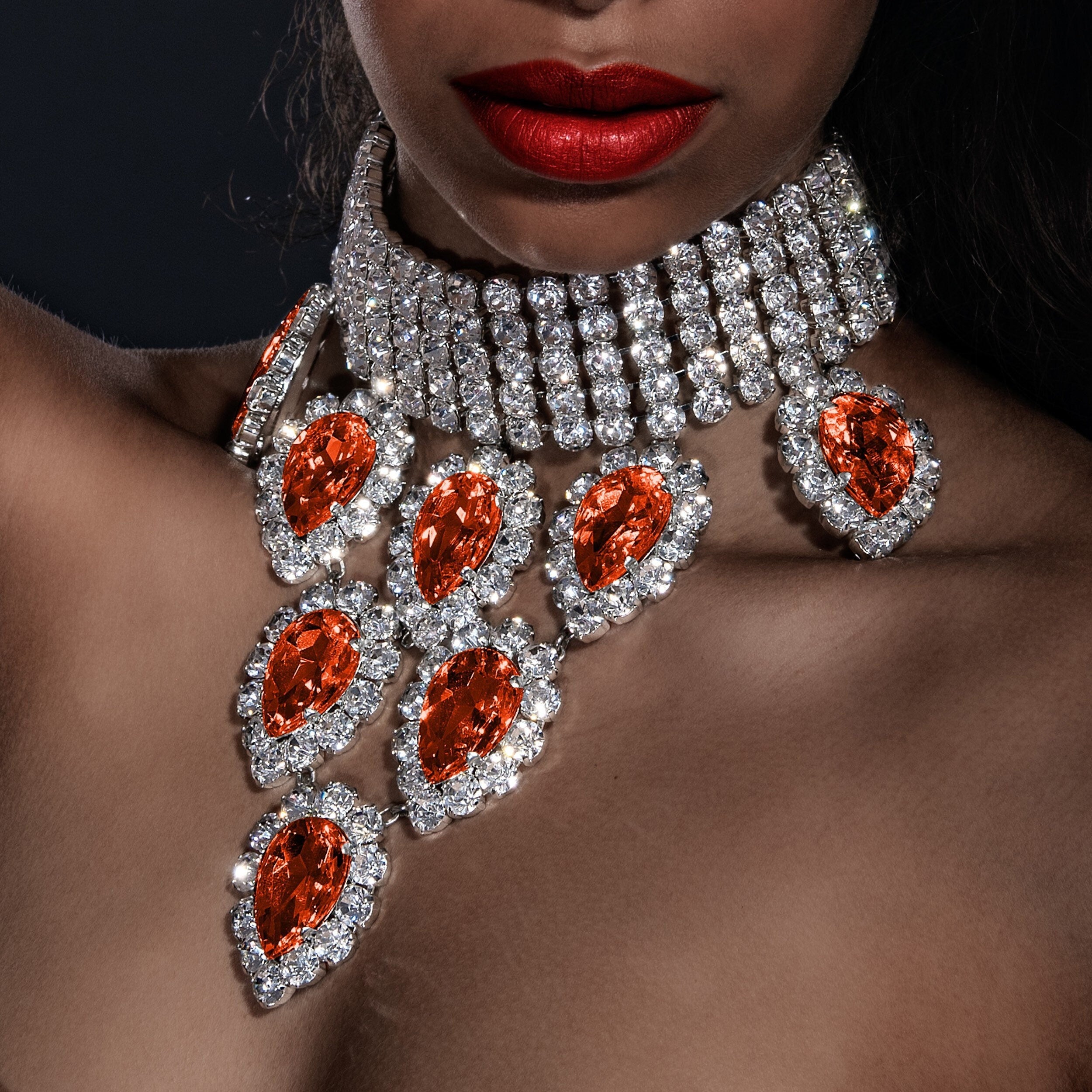 Dramatic Orange Crystal Teardrop Necklace