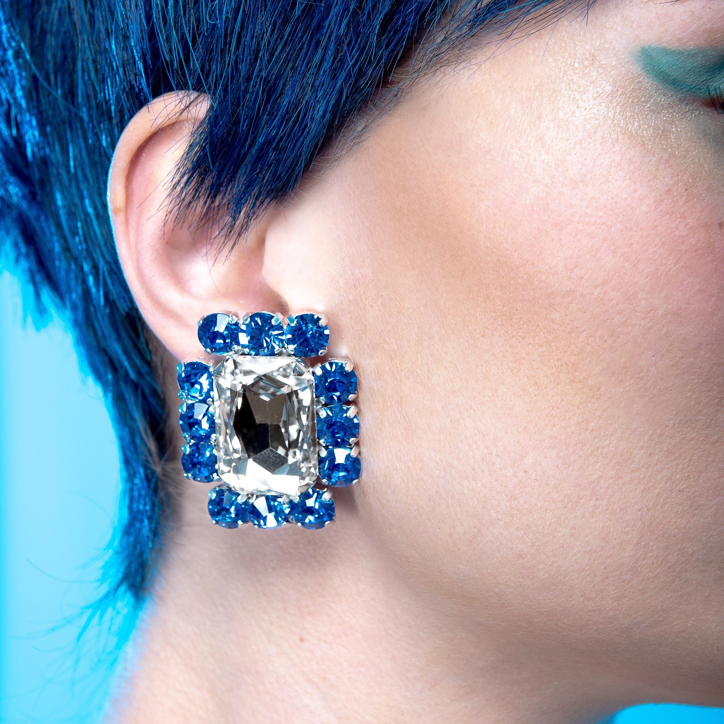 Large Clear and Blue Crystal Earring | Clip On Also Available | Glamorous Crystal Earrings | Silver Plated | Sparkly Costume Jewellery