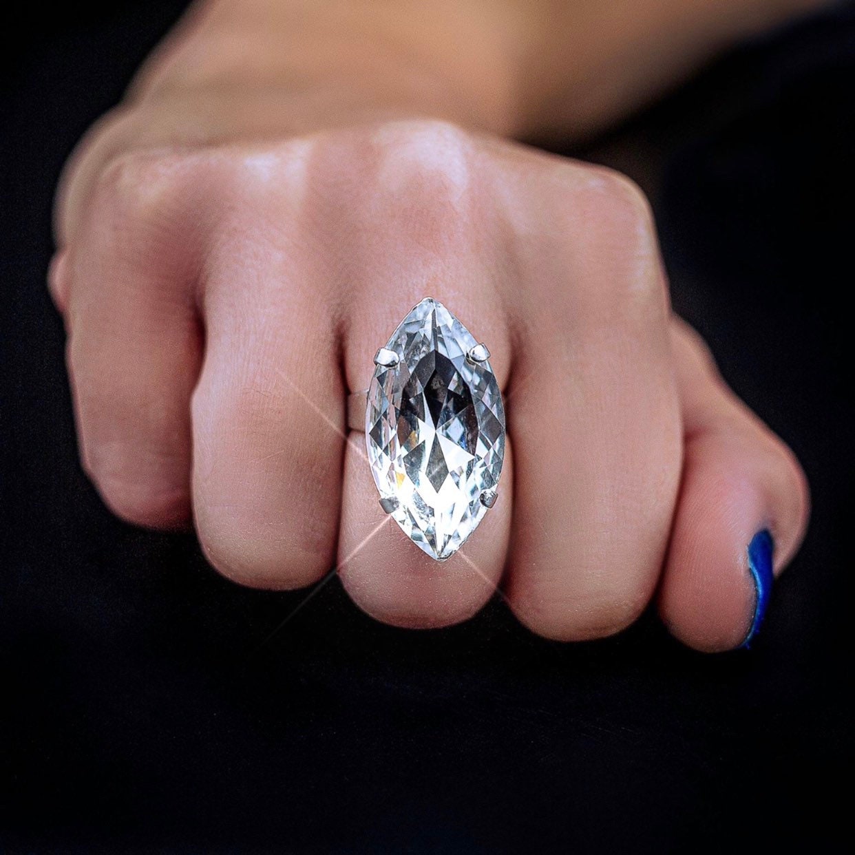 Large Marquis Shape Cocktail Ring with Adjustable Band & Austrian Crystal