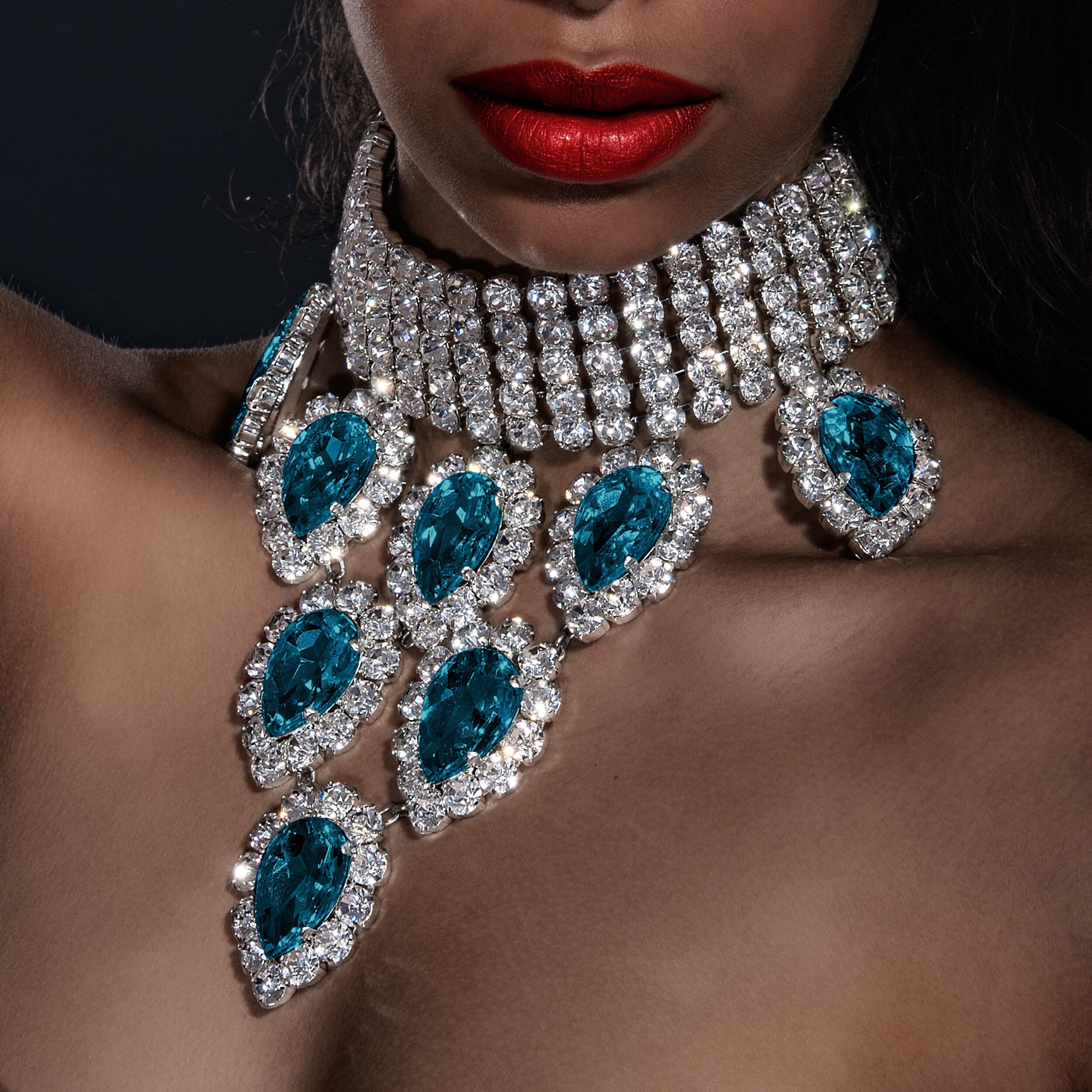 Dramatic Aqua Crystal Teardrop Cascade Necklace