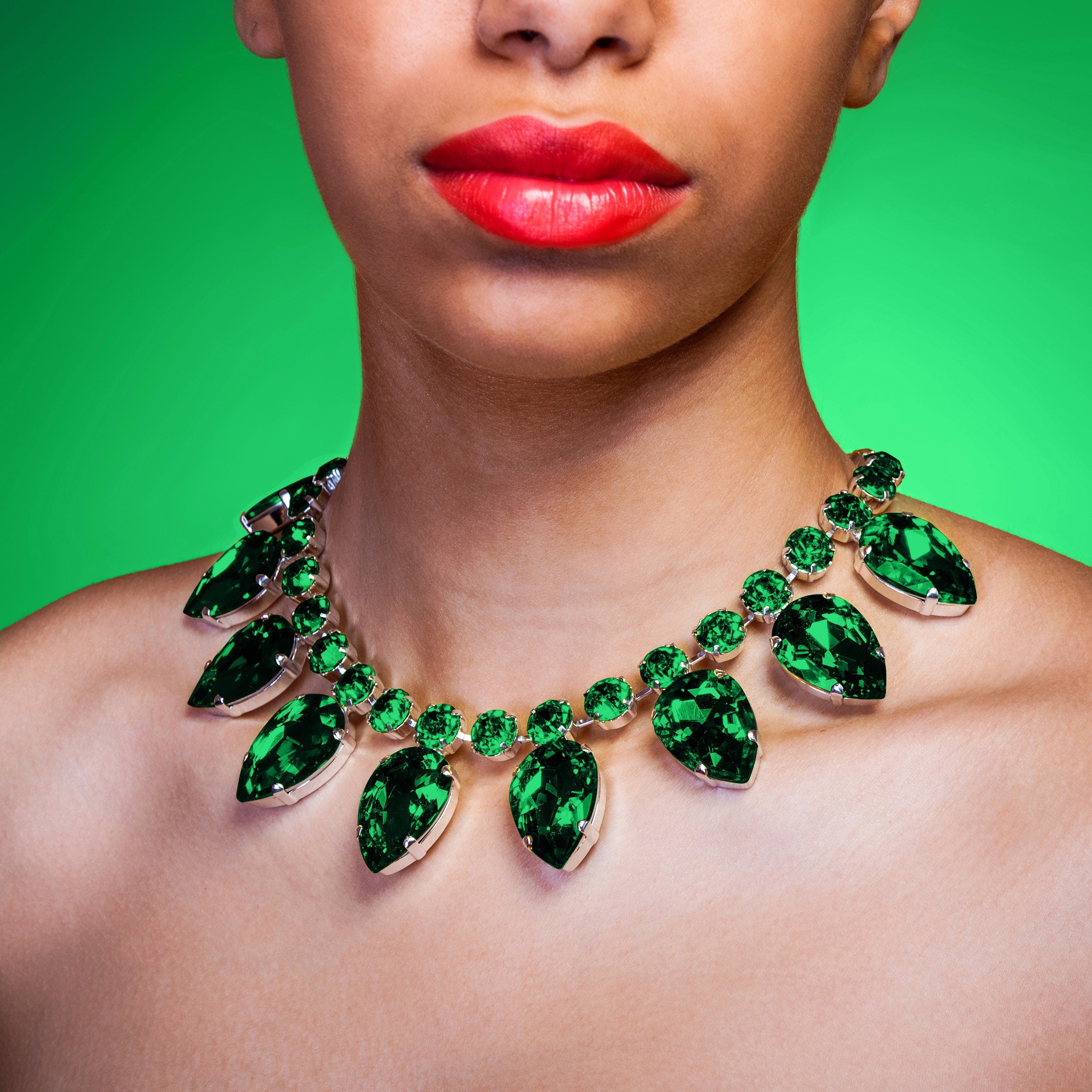 Emerald Green Teardrop Strand Necklace With Austrian Crystal