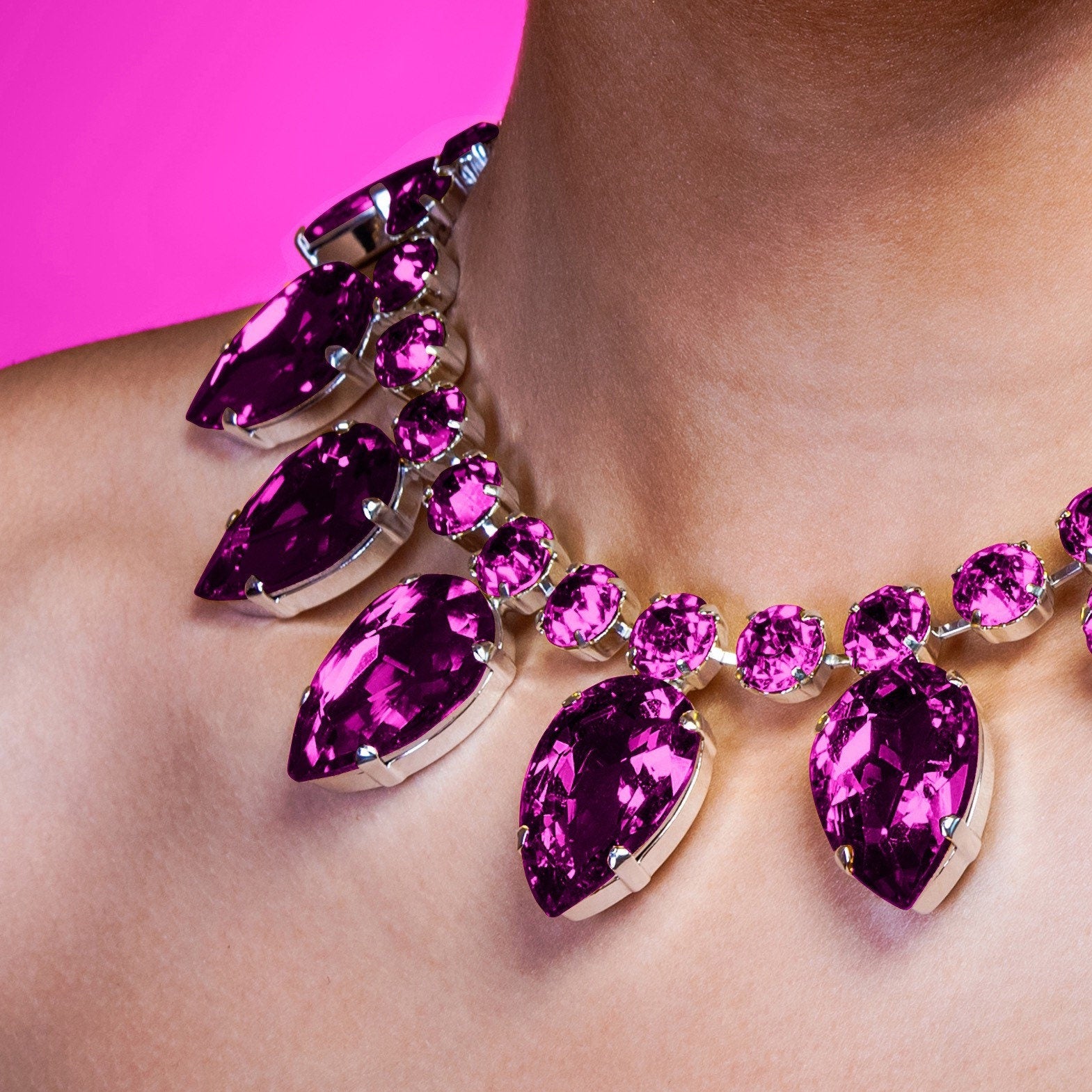 Hot Pink Vibrant Crystal Teardrop Necklace