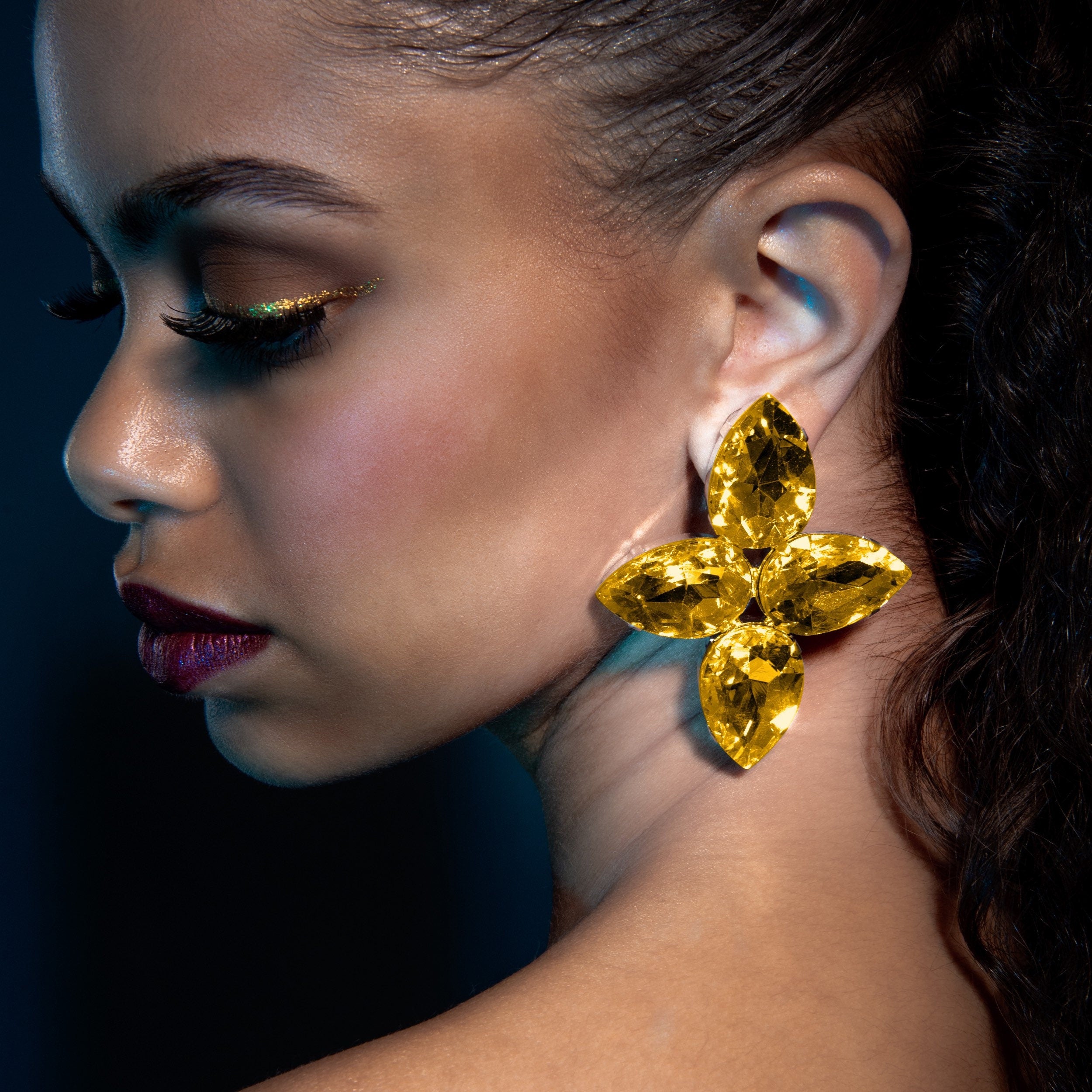 Golden Yellow Cluster Earrings With Austrian Crystal