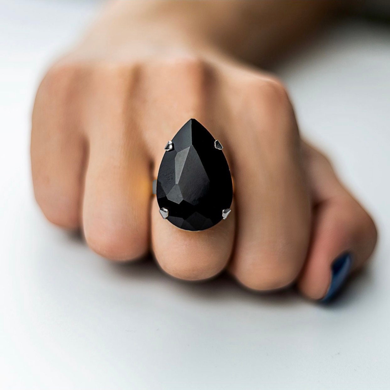 Large Black Teardrop Ring With Austrian Crystal & Silver Plate