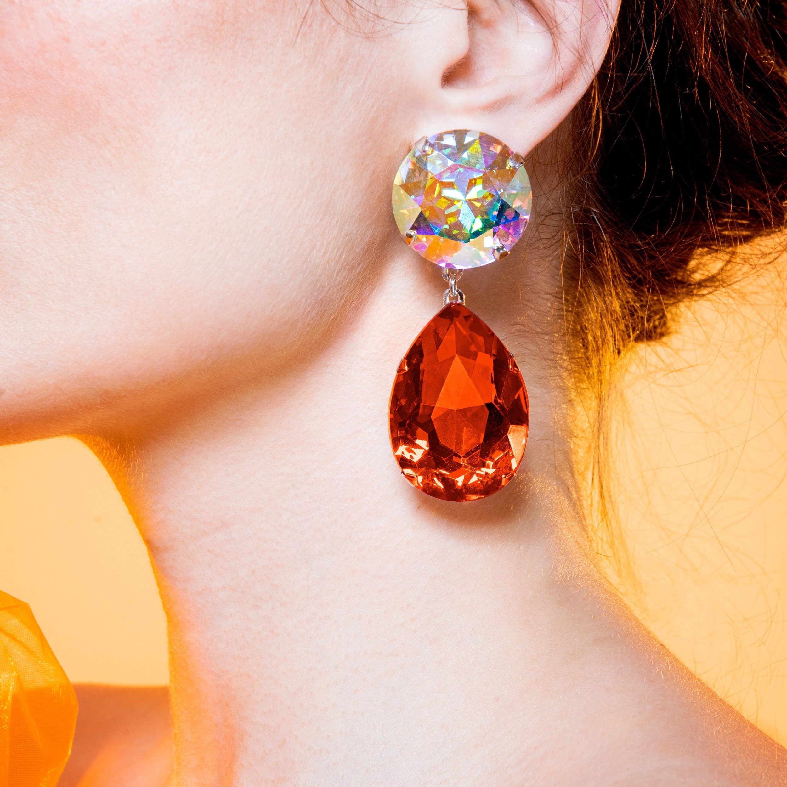 Firey Orange Suspended Tear Earrings With Austrian Crystal