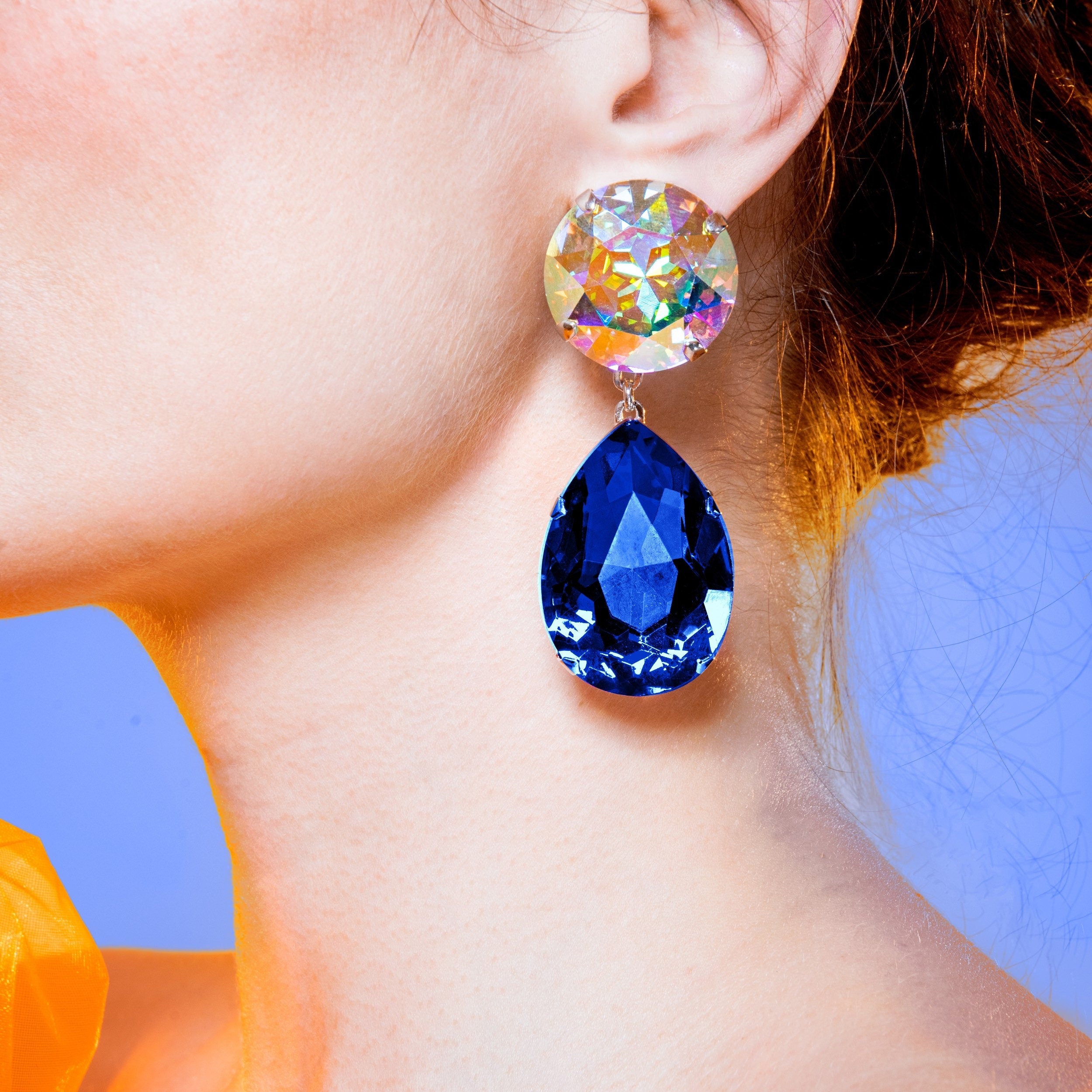 Sapphire Drop Suspended Teardrop Earrings With Austrian Crystal