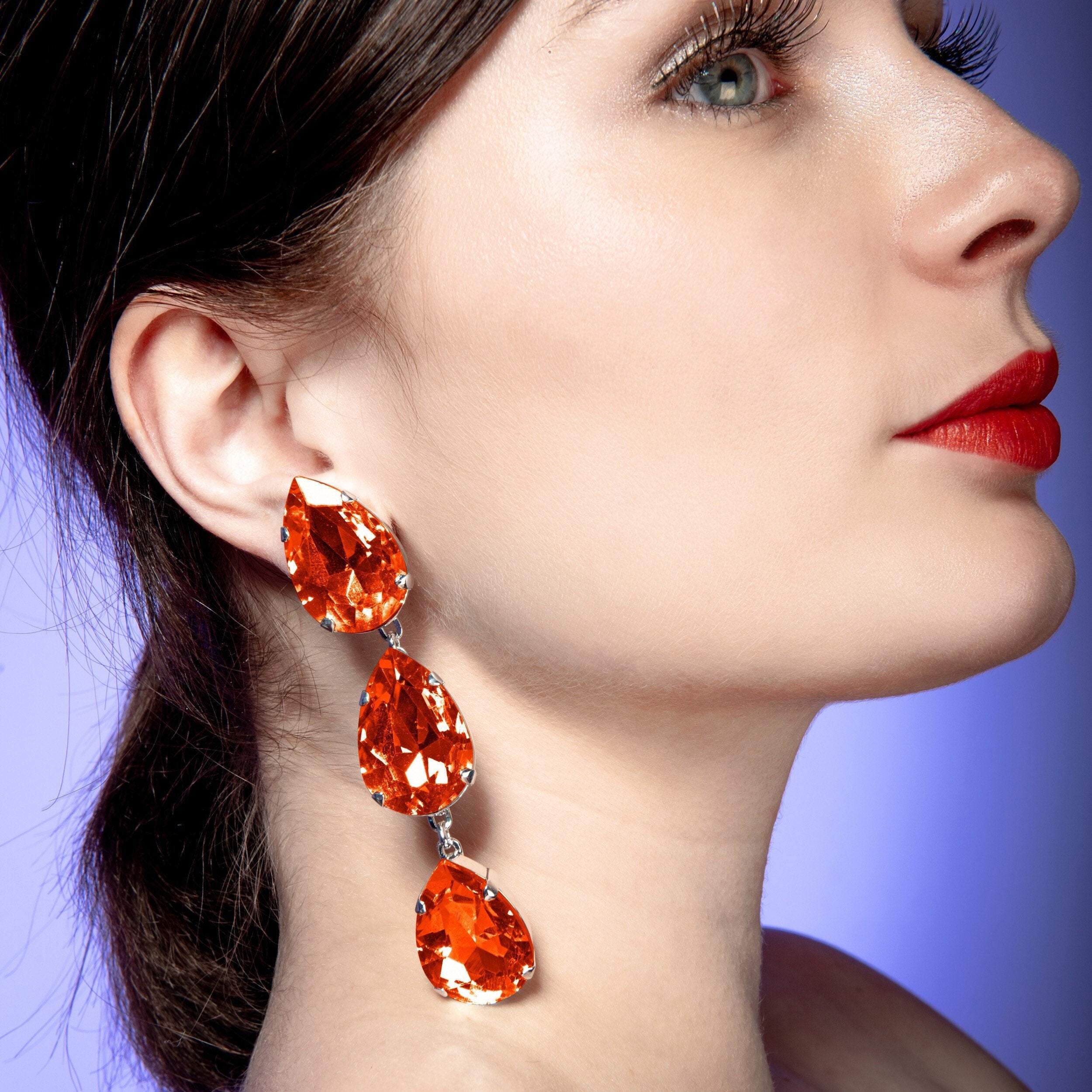 Orange Austrian Crystal Earrings | Faux Diamond Statement Earrings | Oversized Dropper Earrings | Post or Clip on Option