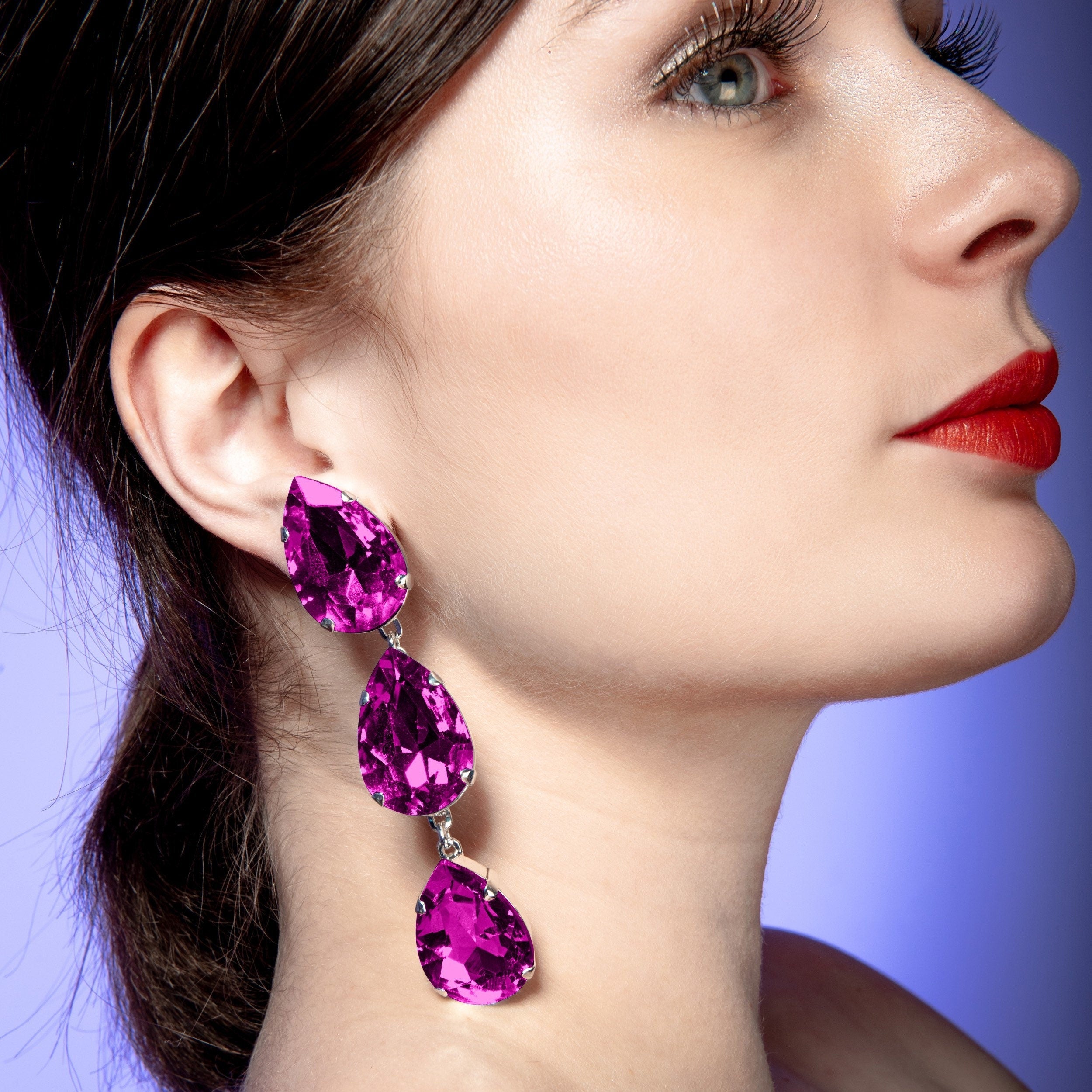 Hot Pink Triple Teardrop Dangle Earrings With Austrian Crystal