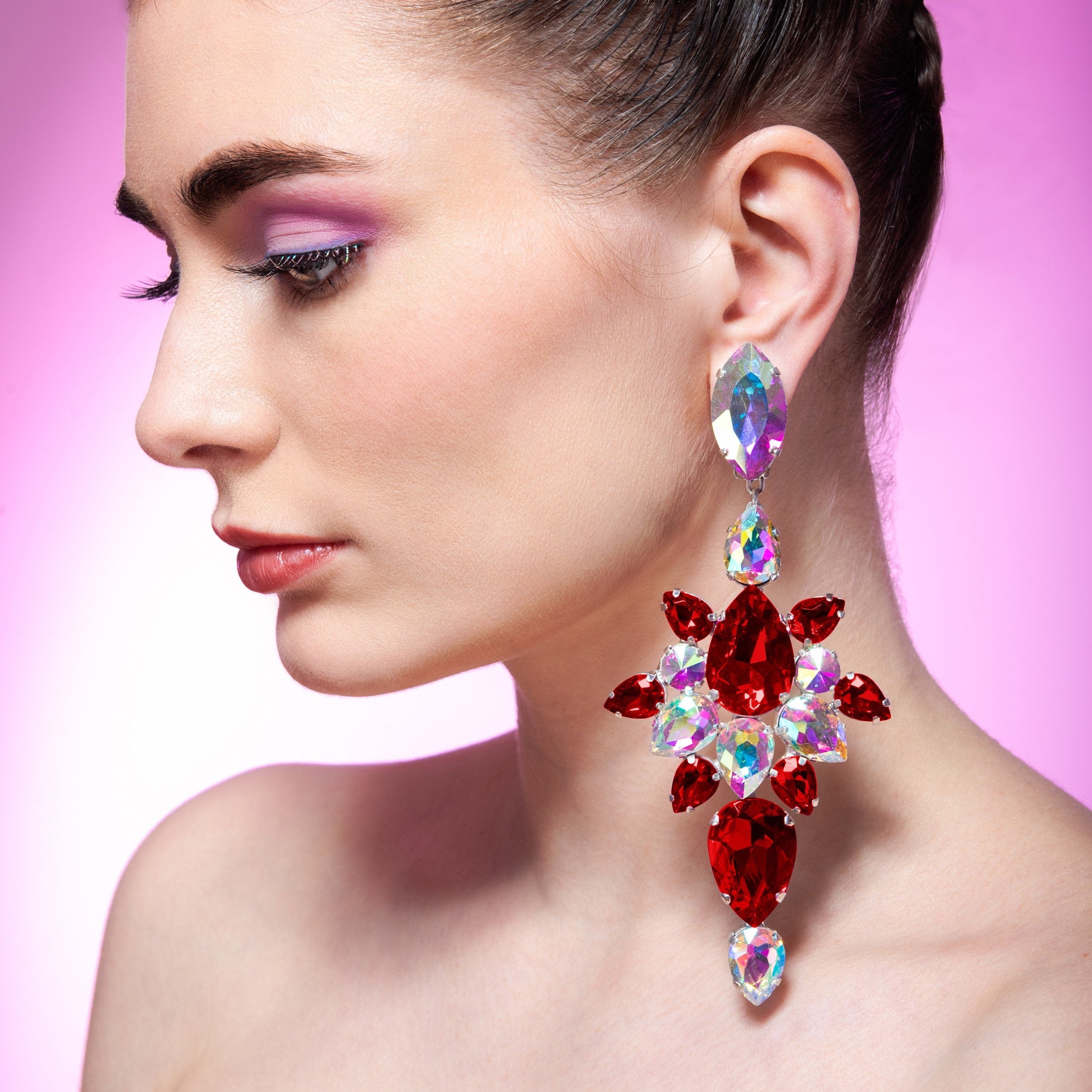 Large Red Dress Earrings | Choose Clip On Also Available | Red Crystal Costume Jewellery | Dress Earrings