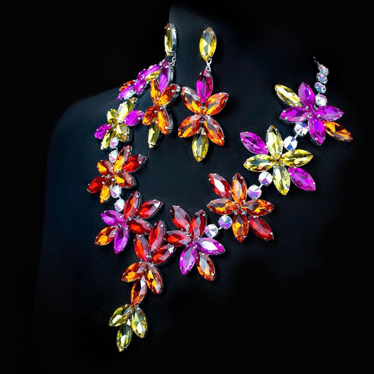 Dramatic Bright Coloured Crystal Necklace & Earring Set