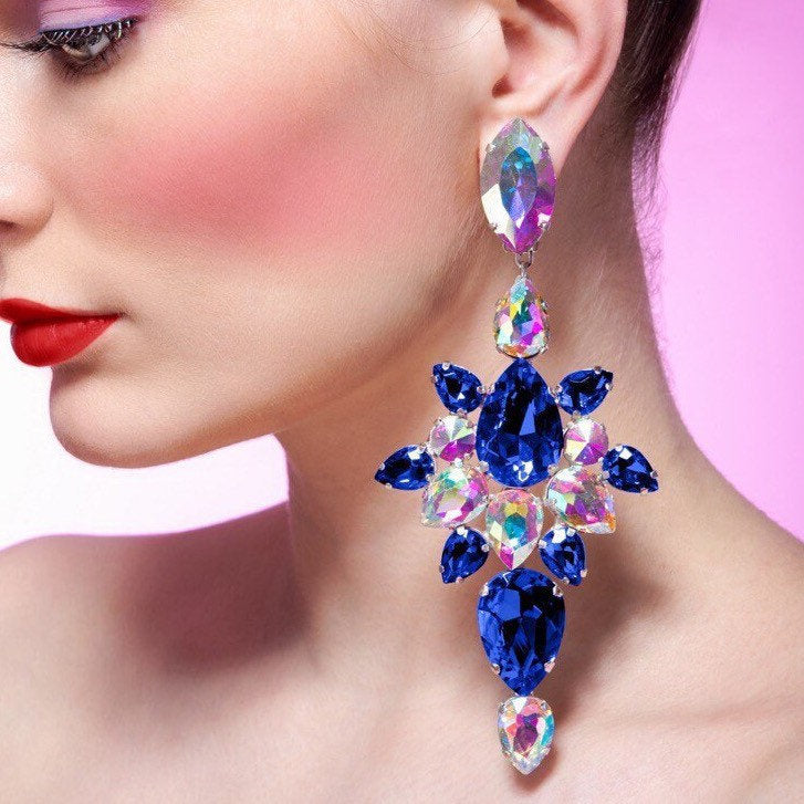 Large Blue Dress Earrings | Choose Clip On Also Available | Crystal Costume Jewellery | Blue Dress Earrings | Drag Queen Blue Earrings